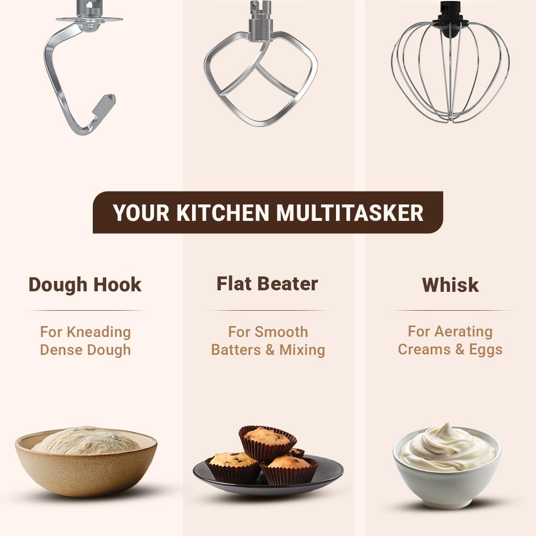 DYLECT® ArtiMix Stand Mixer for Home | 1900W Powerful Motor | 5.5L Removeable Bowl | 6 Speed + Fermentation Function | Dough Hook, Whisk, Beater &amp; Splash Guard | Anti-Skid Design | Robust Metal Gears - View 9
