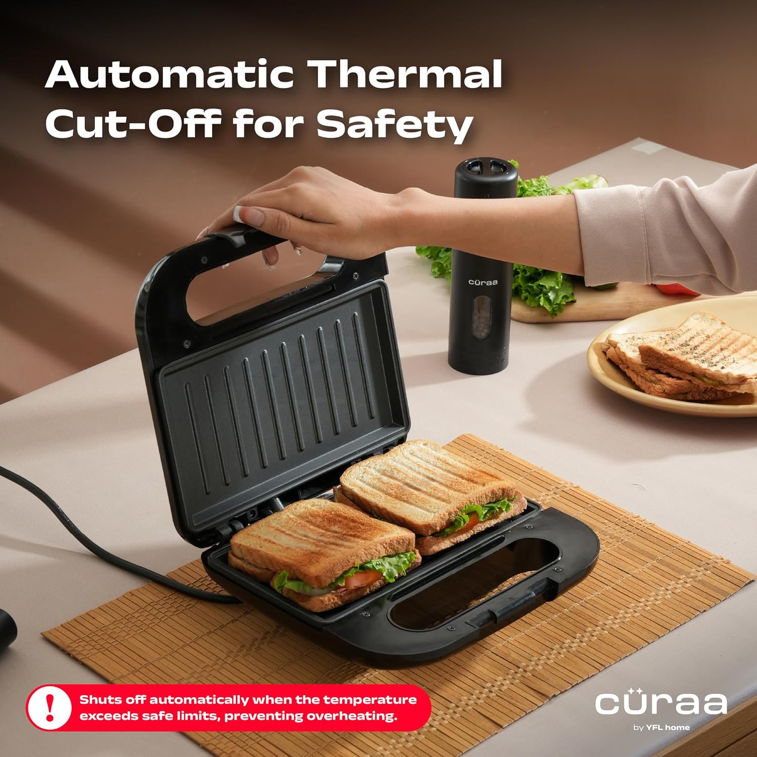CÜRAA Grill Neo Electric Sandwich Griller & Toaster | By Celebrity Chef Sanjyot Keer | Non-Stick, 2-Slice, 1000W | 2 Yr Warranty - View 3