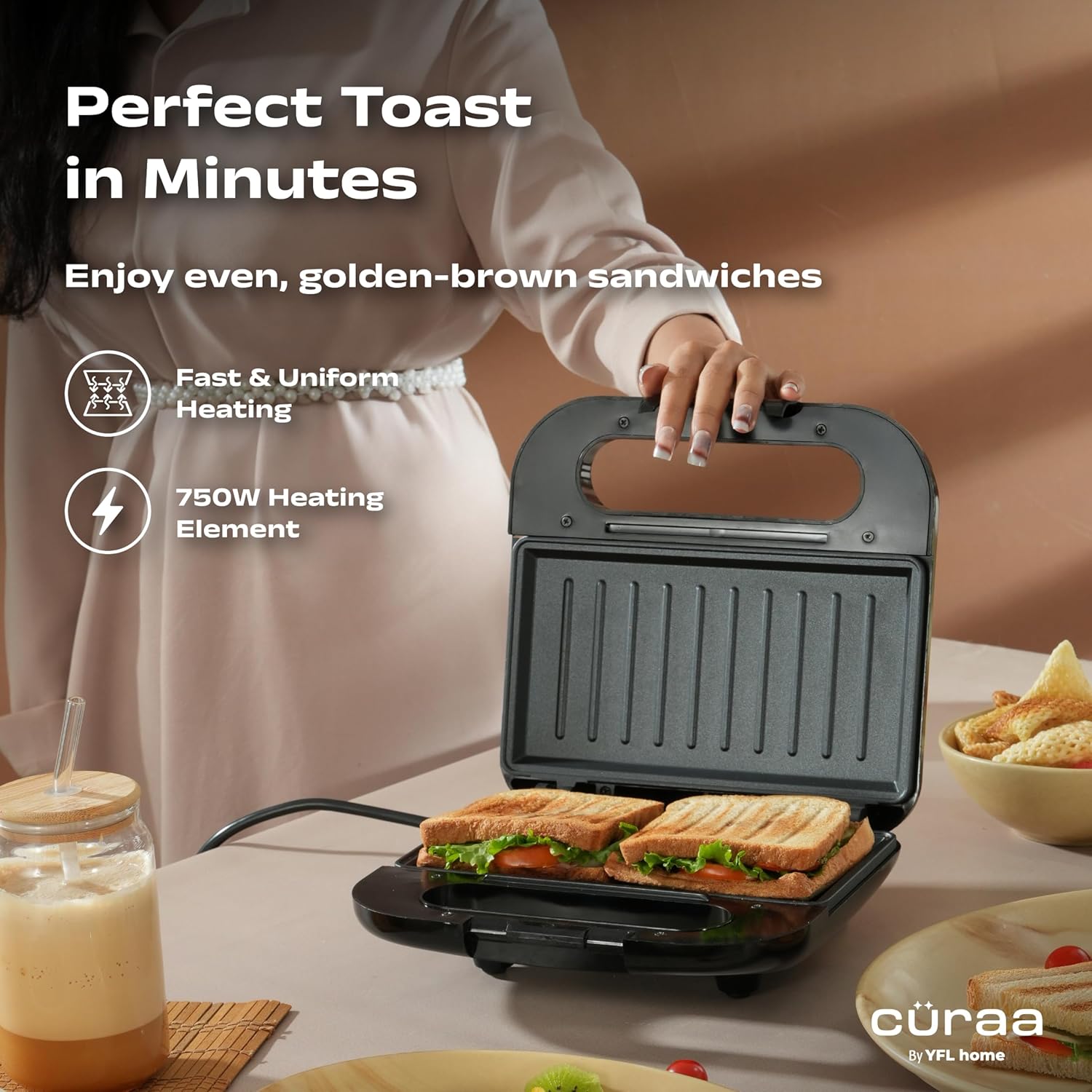 CÜRAA Grill Neo Electric Sandwich Griller & Toaster | By Celebrity Chef Sanjyot Keer | Non-Stick, 2-Slice, 1000W | 2 Yr Warranty - View 7