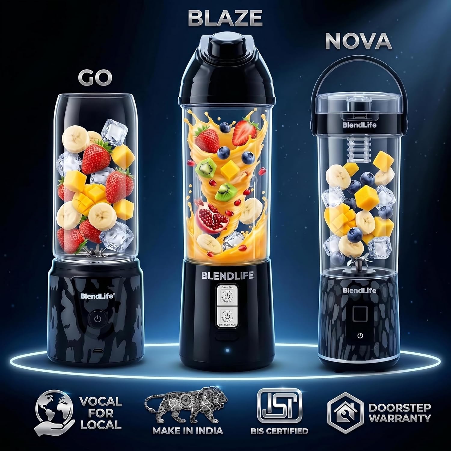 BlendLife NOVA Portable Blender | Smoothie Maker for Gym & Travel | 600ml | 12 Blades | 7.4V | Inbuilt Sipper, Handle & Filter | Convertible Lid | USB Rechargeable | BIS Certified | Made in Bharat