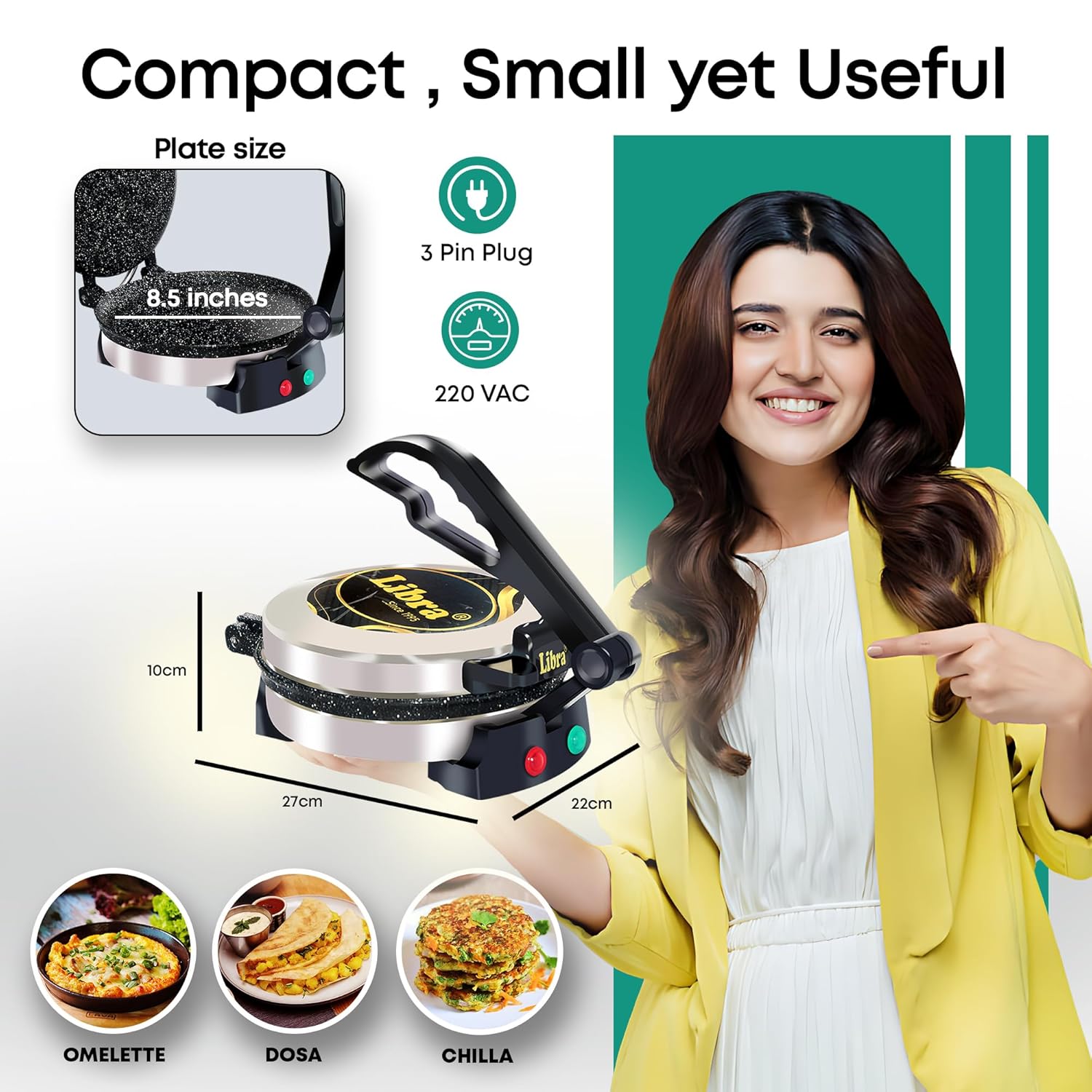 Libra Roti Maker Machine - Electric Roti Maker with Non-Stick 8.5inch Plates and Durable Handle, Auto Temperature Control Chapati Maker Machine with Indicator Lights, 950 Watts, Silver - View 2