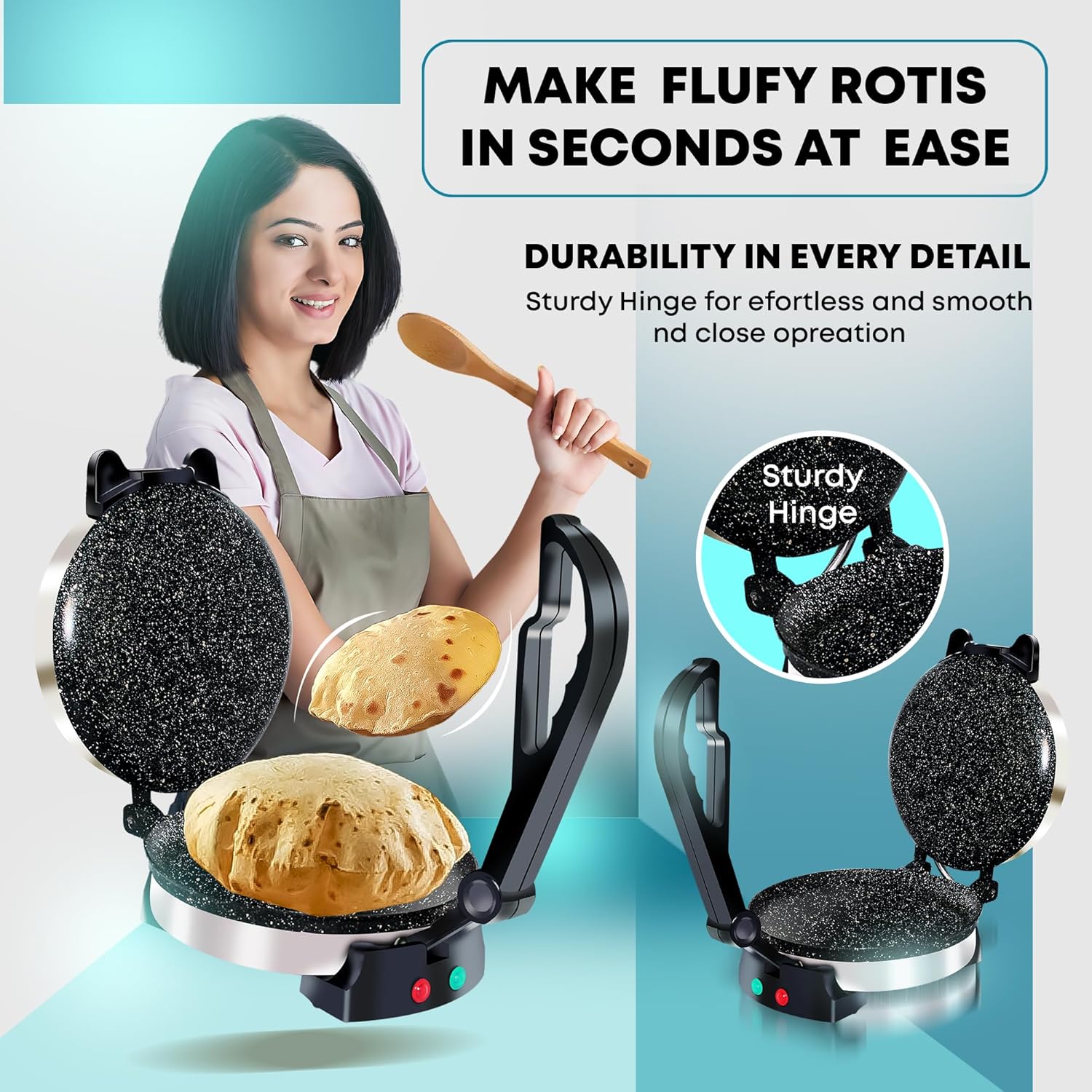 Libra Roti Maker Machine - Electric Roti Maker with Non-Stick 8.5inch Plates and Durable Handle, Auto Temperature Control Chapati Maker Machine with Indicator Lights, 950 Watts, Silver - View 3