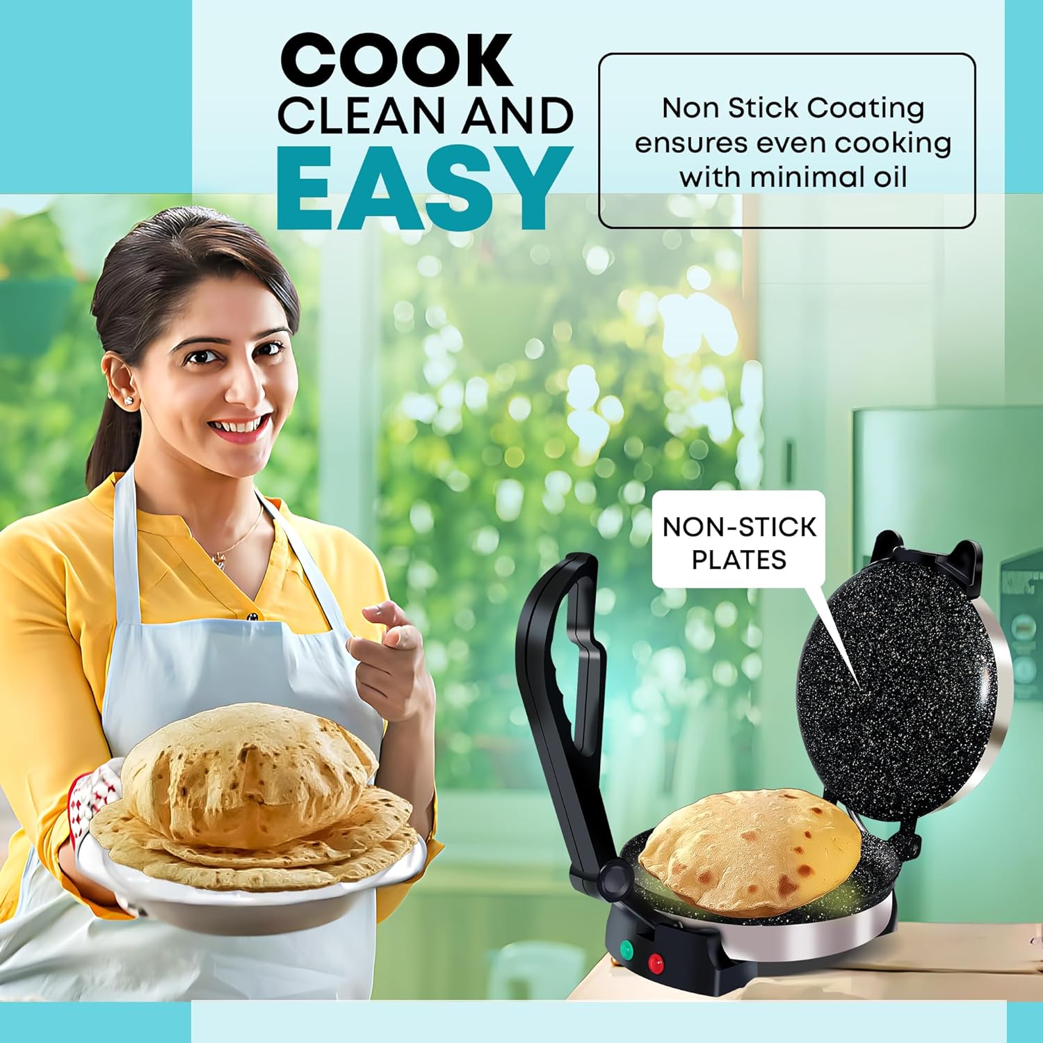 Libra Roti Maker Machine - Electric Roti Maker with Non-Stick 8.5inch Plates and Durable Handle, Auto Temperature Control Chapati Maker Machine with Indicator Lights, 950 Watts, Silver - View 8
