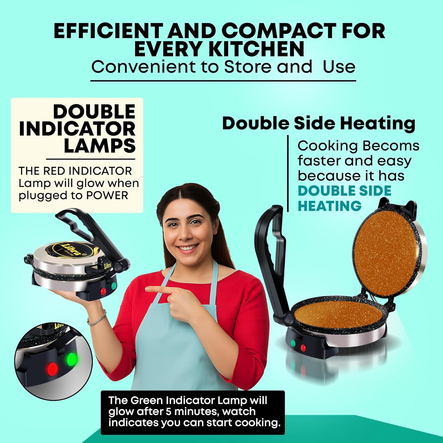 Libra Roti Maker Machine - Electric Roti Maker with Non-Stick 8.5inch Plates and Durable Handle, Auto Temperature Control Chapati Maker Machine with Indicator Lights, 950 Watts, Silver - View 10