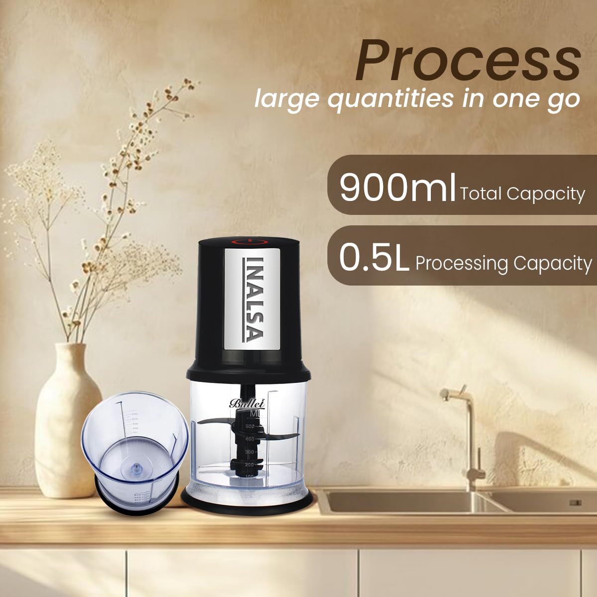 INALSA Electric Chopper Bullet-400 Watts with 100% Pure Copper Motor|Fast Chopping| Twin Blade Technology|0.5 l Capacity| One Touch Operation, 1.30mtr Long Power Cord,Black/Silver (Bullet) - View 4