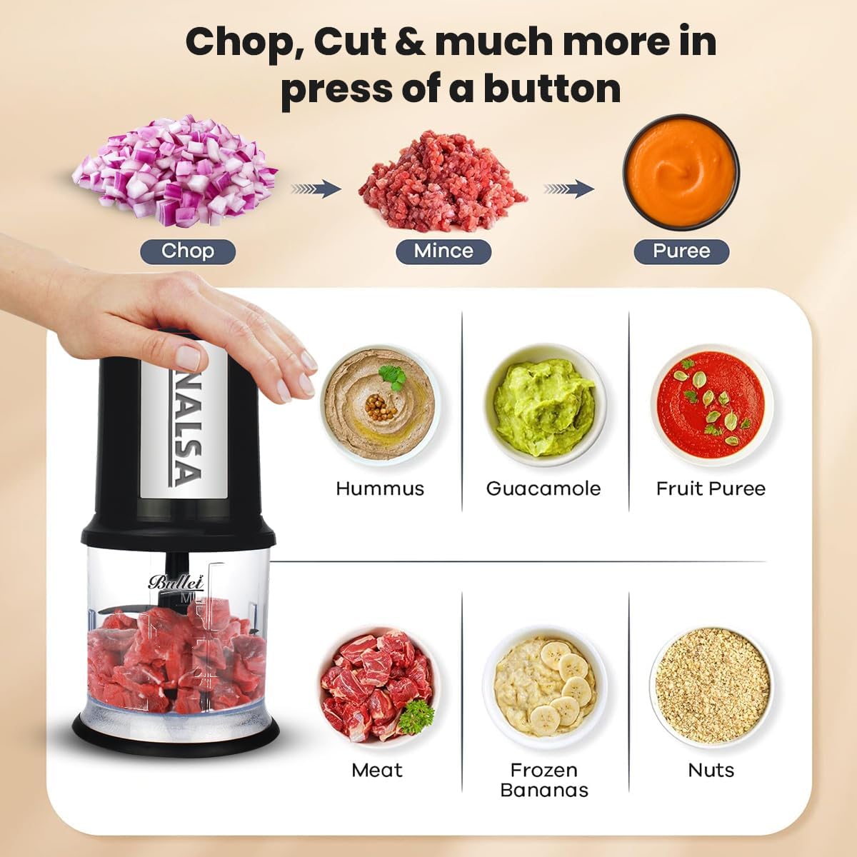 INALSA Electric Chopper Bullet-400 Watts with 100% Pure Copper Motor|Fast Chopping| Twin Blade Technology|0.5 l Capacity| One Touch Operation, 1.30mtr Long Power Cord,Black/Silver (Bullet) - View 8
