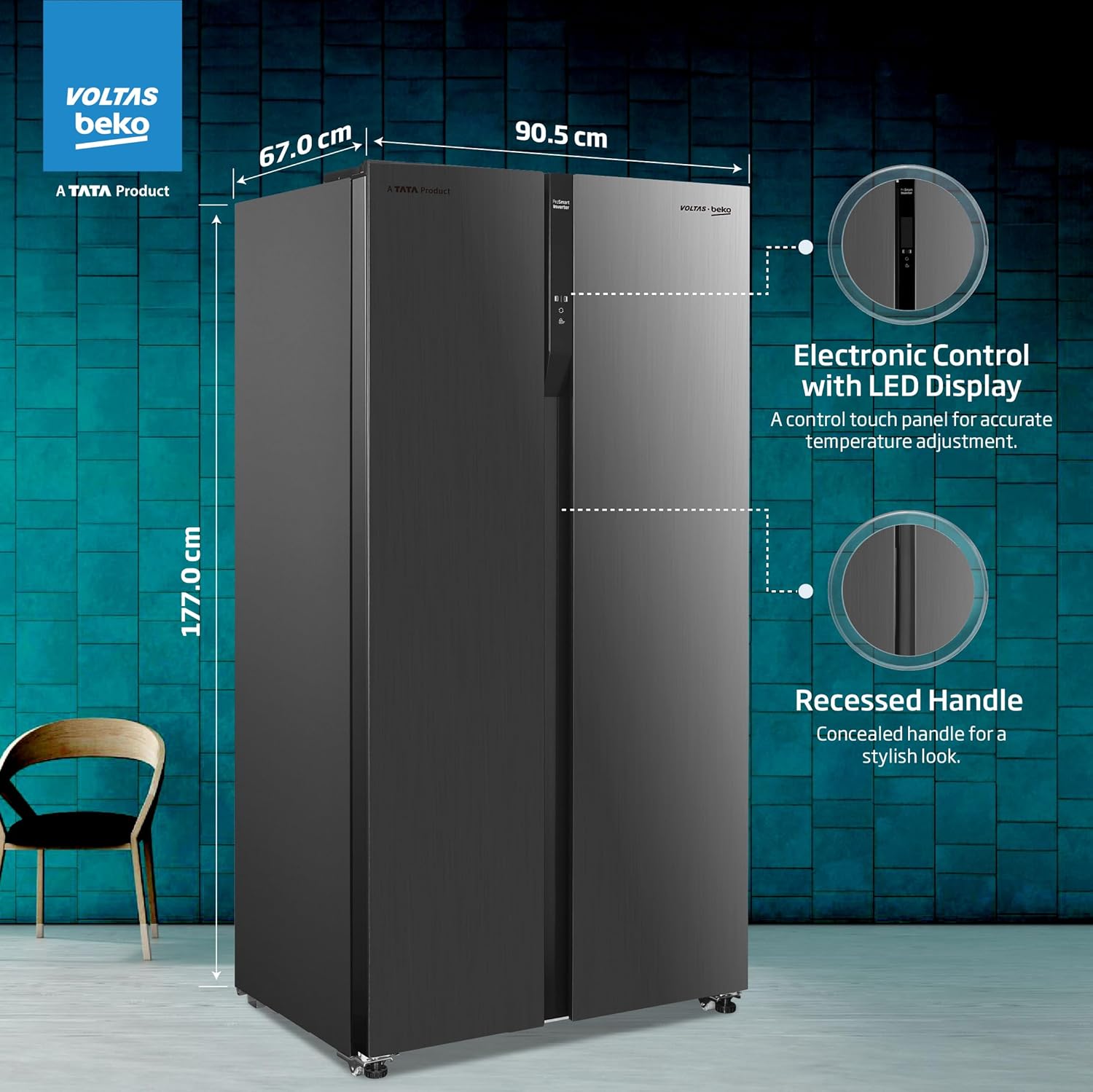 Voltas Beko, A Tata Product 563 L Side by Side Frost Free Refrigerator with ProSmart Inverter Compressor (RSB585/FPV300RXID, INOX steel, Active Fresh Blue Light) - View 2