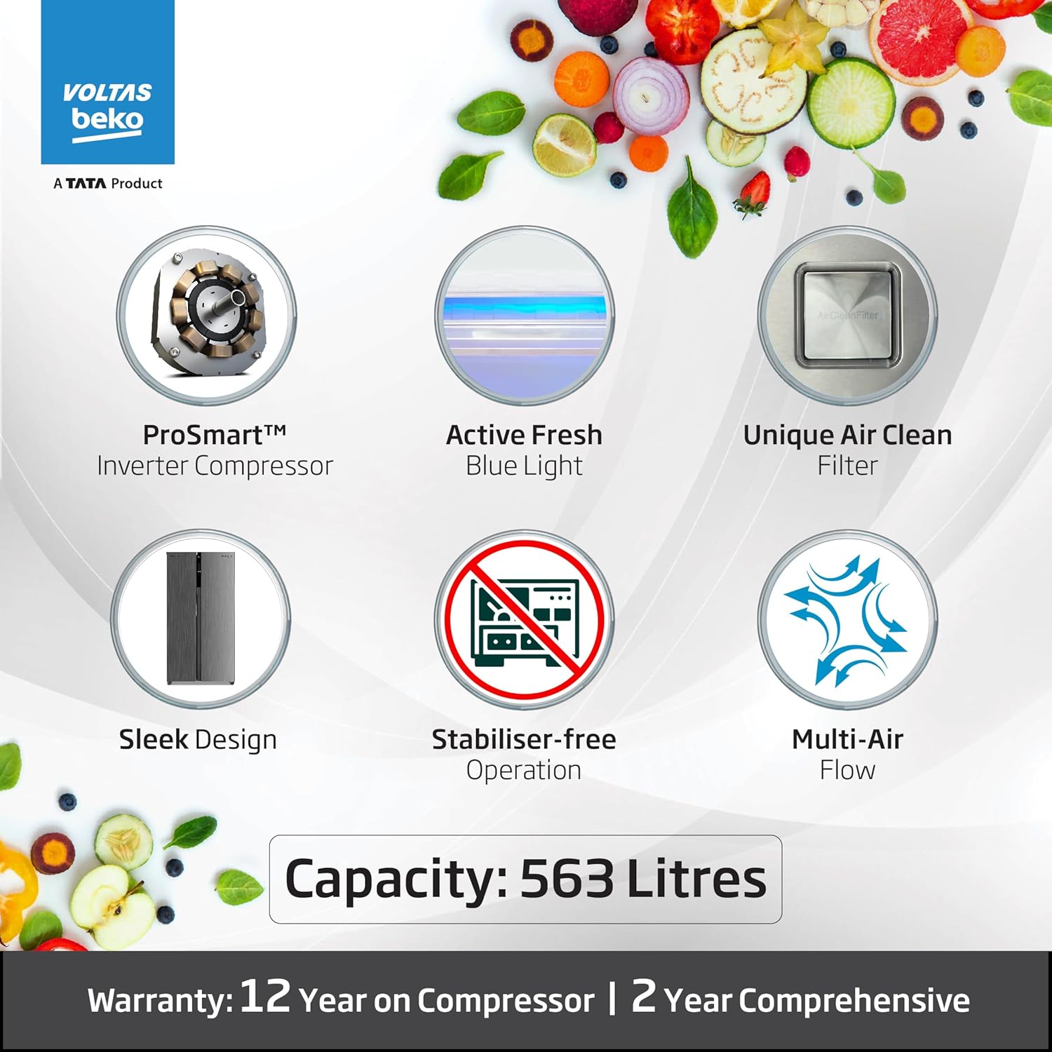 Voltas Beko, A Tata Product 563 L Side by Side Frost Free Refrigerator with ProSmart Inverter Compressor (RSB585/FPV300RXID, INOX steel, Active Fresh Blue Light) - View 7