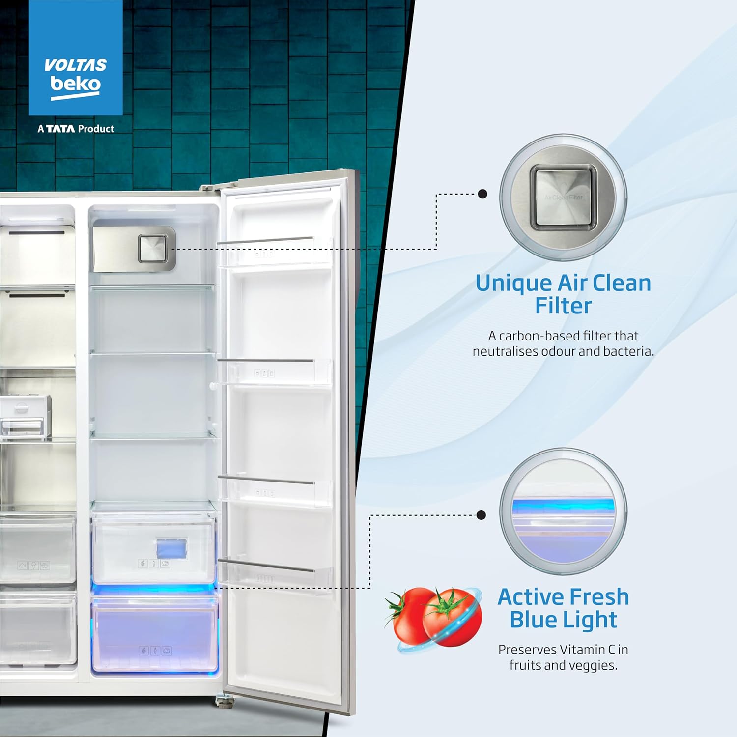 Voltas Beko, A Tata Product 563 L Side by Side Frost Free Refrigerator with ProSmart Inverter Compressor (RSB585/FPV300RXID, INOX steel, Active Fresh Blue Light) - View 8