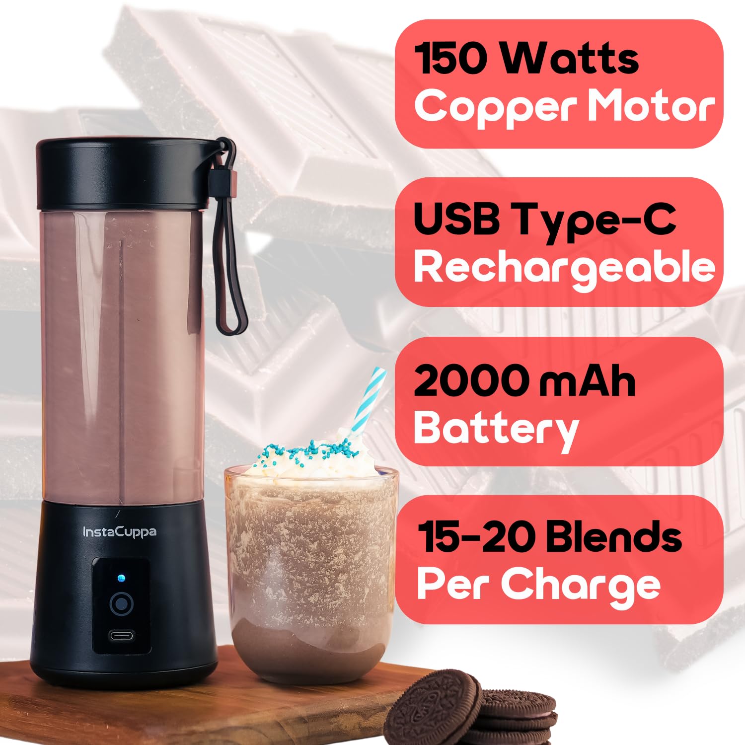 InstaCuppa Portable Blender for Smoothie and Juices, Milk Shakes, Crushing Ice, USB Rechargeable Blender Machine for Kitchen with 2000 mAh Battery, 150 W Motor, 400 ML, Built-in Jar (Normal Edition) - View 2