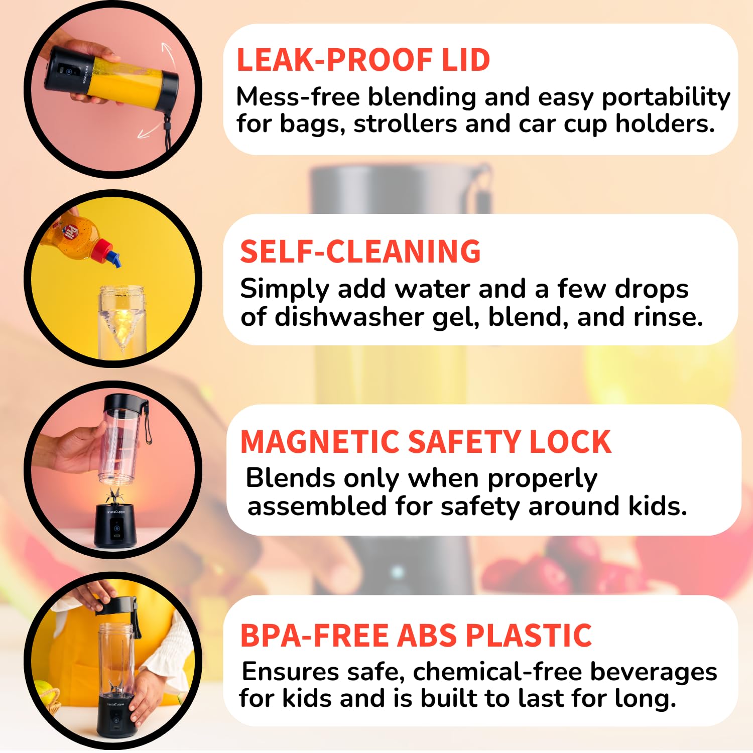 InstaCuppa Portable Blender for Smoothie and Juices, Milk Shakes, Crushing Ice, USB Rechargeable Blender Machine for Kitchen with 2000 mAh Battery, 150 W Motor, 400 ML, Built-in Jar (Normal Edition) - View 8