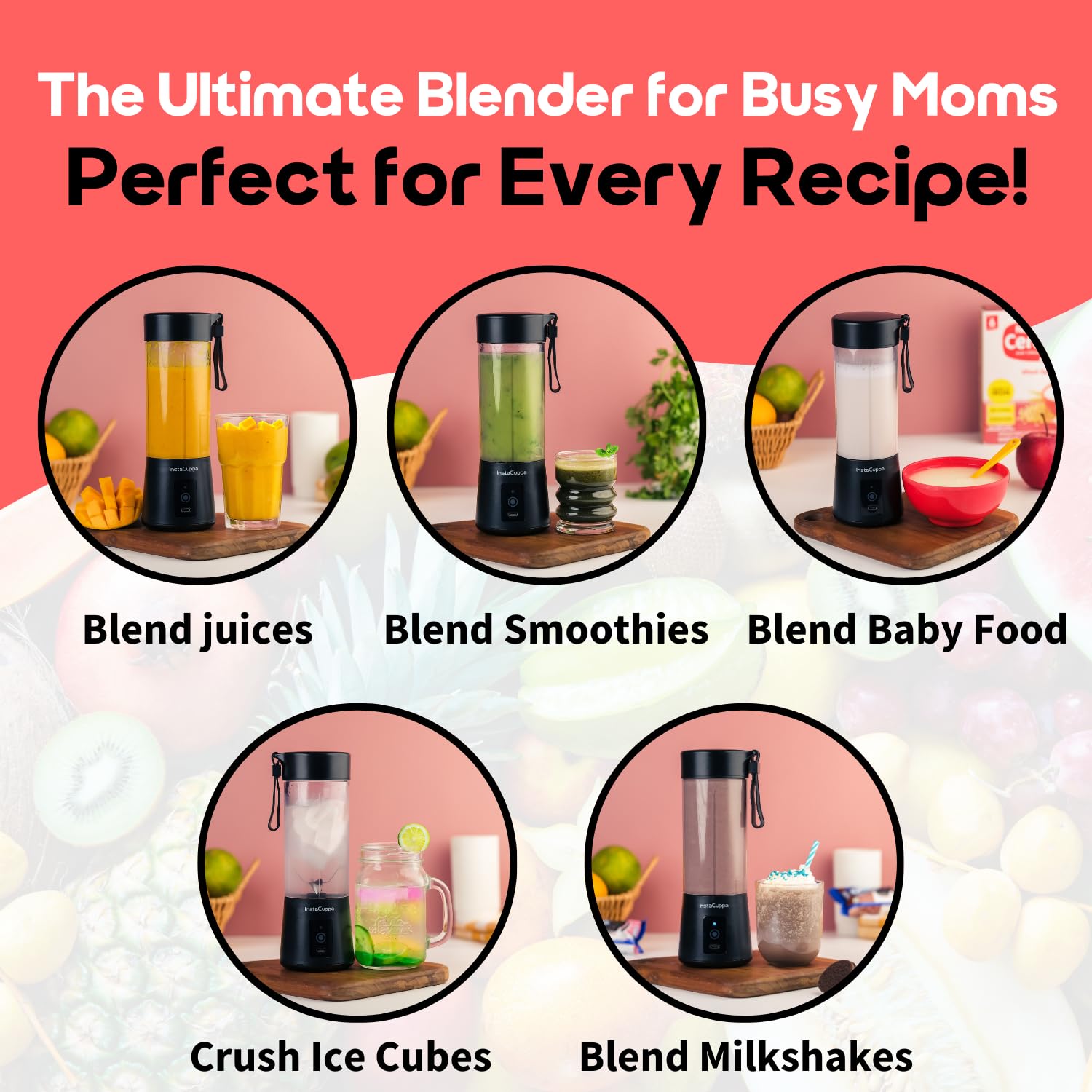 InstaCuppa Portable Blender for Smoothie and Juices, Milk Shakes, Crushing Ice, USB Rechargeable Blender Machine for Kitchen with 2000 mAh Battery, 150 W Motor, 400 ML, Built-in Jar (Normal Edition) - View 9