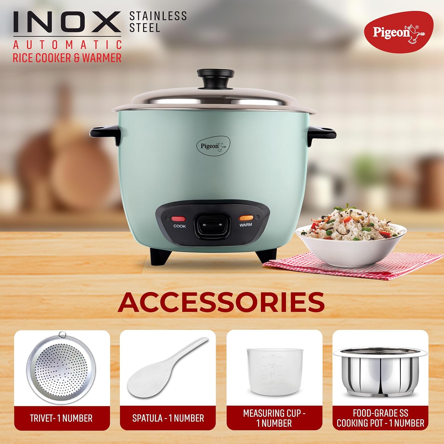 Pigeon Inox Rice Cooker with Single pot, 1 litres | Stainless Steel Lid | 400 Watts | 1 Steel Cooking Pot | Measuring Cup | Spatula | Energy Efficient Cooking - View 2