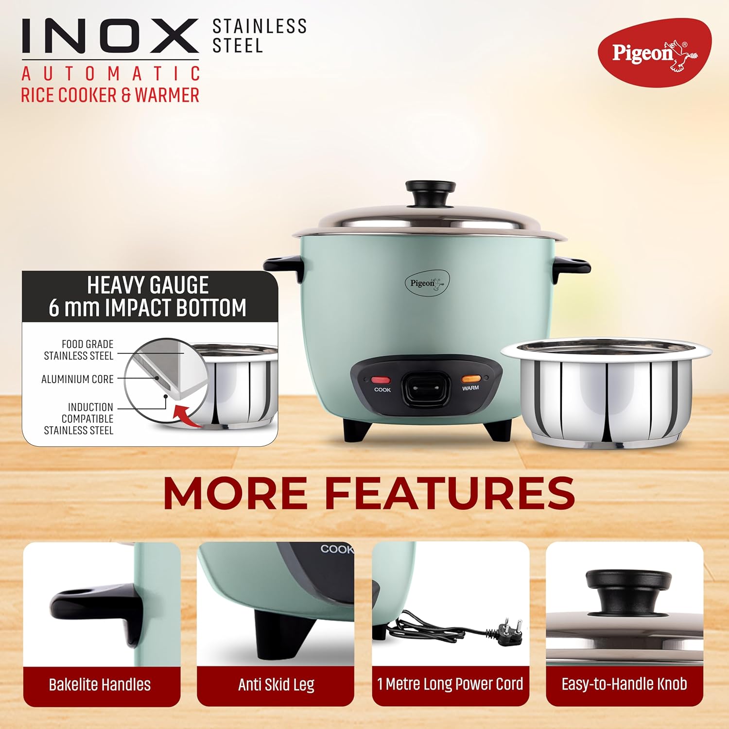 Pigeon Inox Rice Cooker with Single pot, 1 litres | Stainless Steel Lid | 400 Watts | 1 Steel Cooking Pot | Measuring Cup | Spatula | Energy Efficient Cooking - View 3