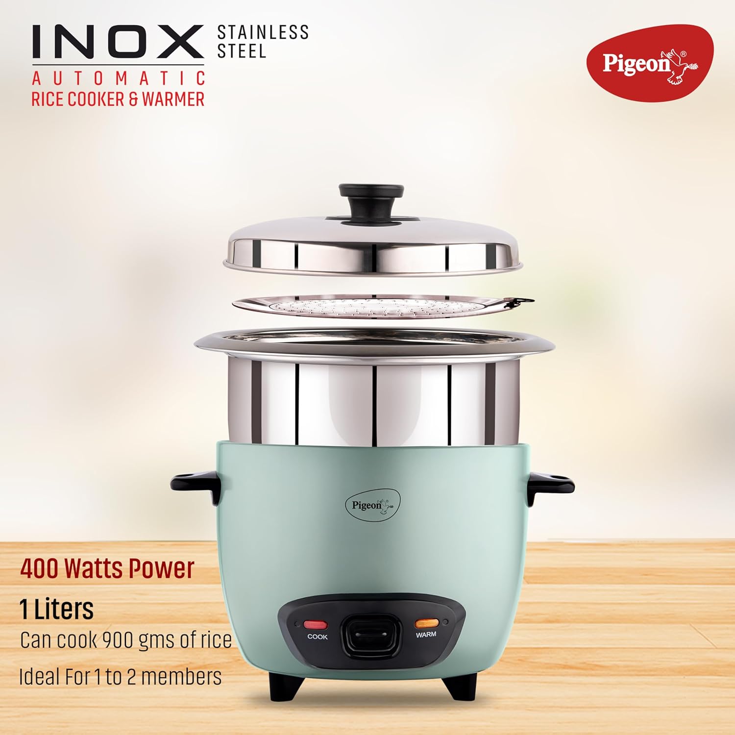 Pigeon Inox Rice Cooker with Single pot, 1 litres | Stainless Steel Lid | 400 Watts | 1 Steel Cooking Pot | Measuring Cup | Spatula | Energy Efficient Cooking - View 4