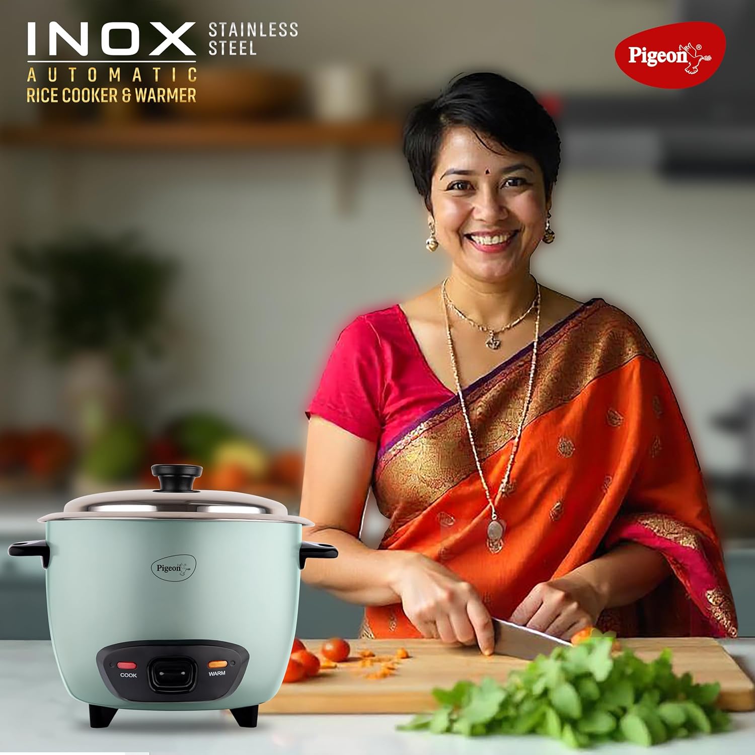 Pigeon Inox Rice Cooker with Single pot, 1 litres | Stainless Steel Lid | 400 Watts | 1 Steel Cooking Pot | Measuring Cup | Spatula | Energy Efficient Cooking - View 6