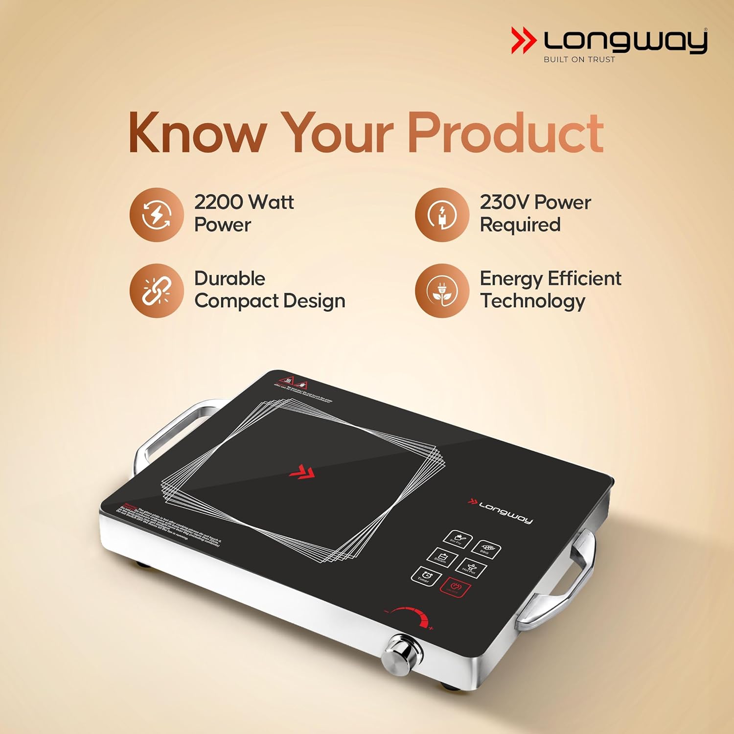 Longway Infralite Pro 2200W Infrared Induction Cooktop with Steel Grill Rack, Crystal Glass Top, Touch Panel & Digital Display, 4 Preset Modes – Stir Fry, BBQ, Hot Pot & Steam, Black - View 2