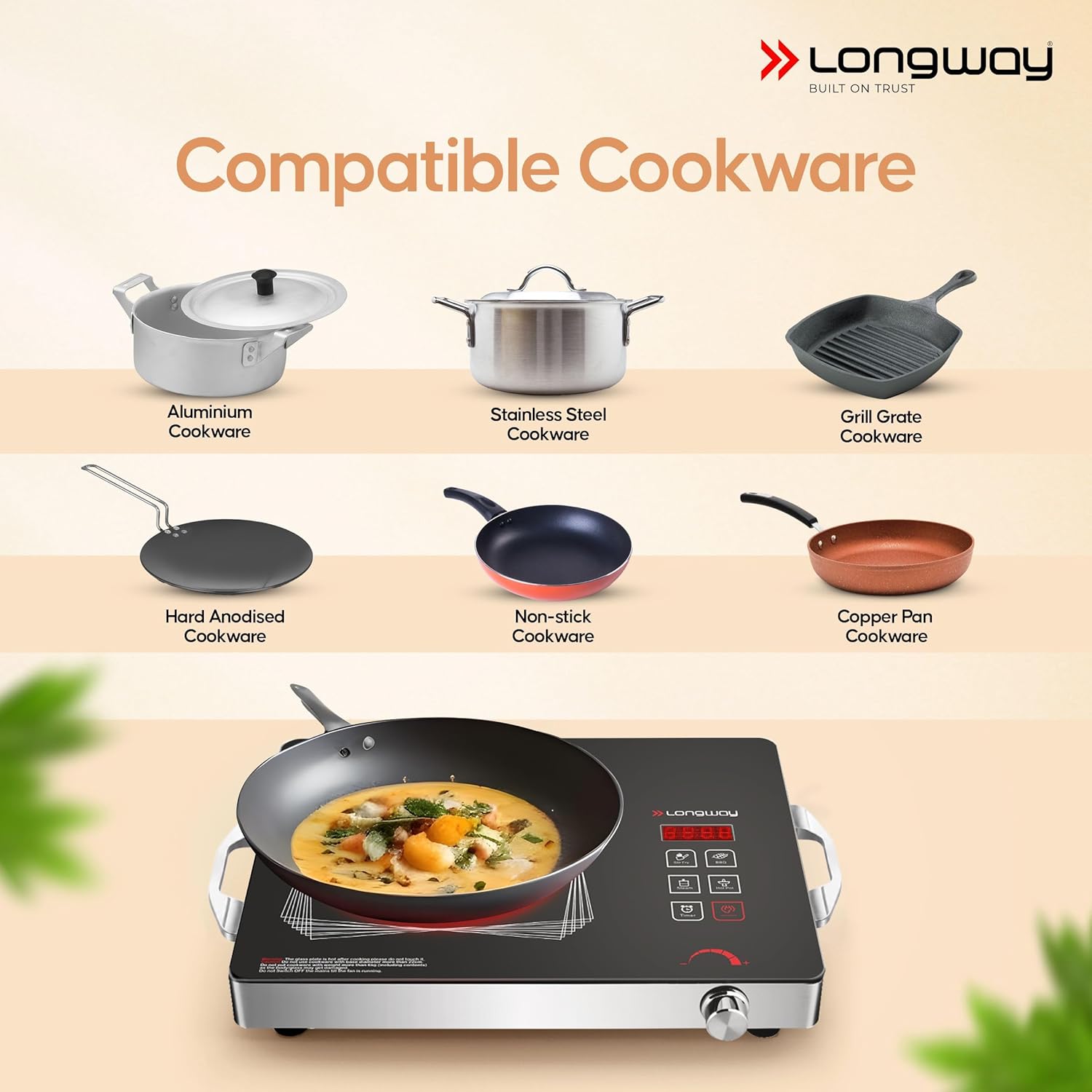 Longway Infralite Pro 2200W Infrared Induction Cooktop with Steel Grill Rack, Crystal Glass Top, Touch Panel & Digital Display, 4 Preset Modes – Stir Fry, BBQ, Hot Pot & Steam, Black - View 3