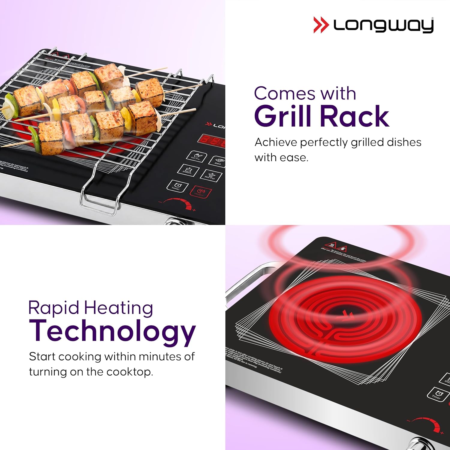 Longway Infralite Pro 2200W Infrared Induction Cooktop with Steel Grill Rack, Crystal Glass Top, Touch Panel & Digital Display, 4 Preset Modes – Stir Fry, BBQ, Hot Pot & Steam, Black - View 4
