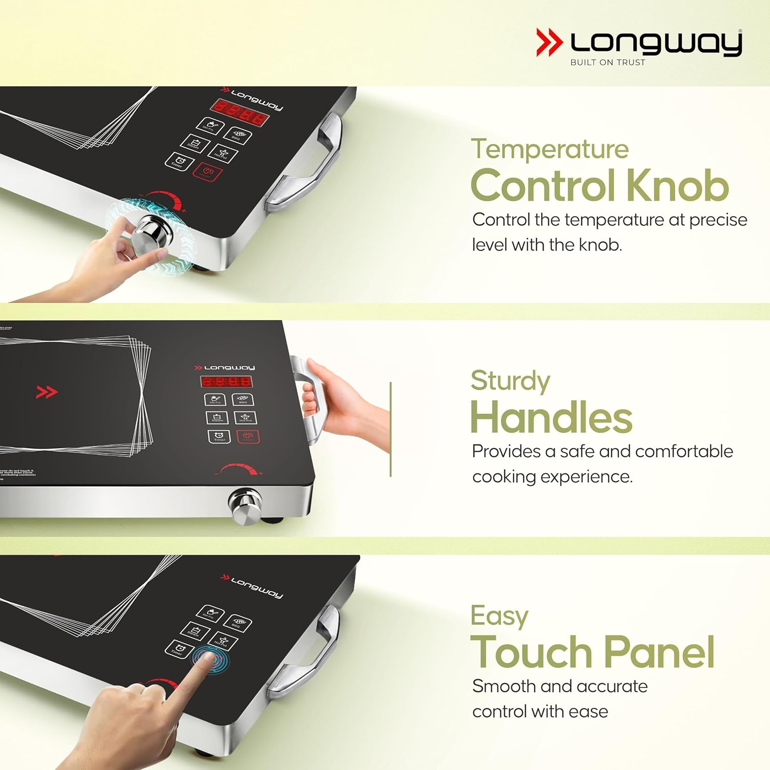 Longway Infralite Pro 2200W Infrared Induction Cooktop with Steel Grill Rack, Crystal Glass Top, Touch Panel & Digital Display, 4 Preset Modes – Stir Fry, BBQ, Hot Pot & Steam, Black - View 5