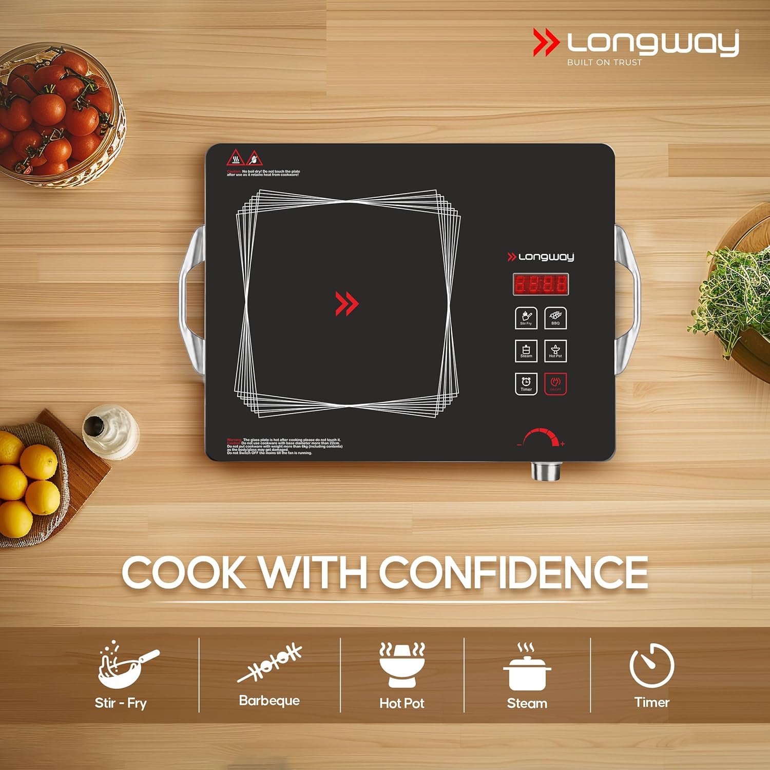 Longway Infralite Pro 2200W Infrared Induction Cooktop with Steel Grill Rack, Crystal Glass Top, Touch Panel & Digital Display, 4 Preset Modes – Stir Fry, BBQ, Hot Pot & Steam, Black - View 6