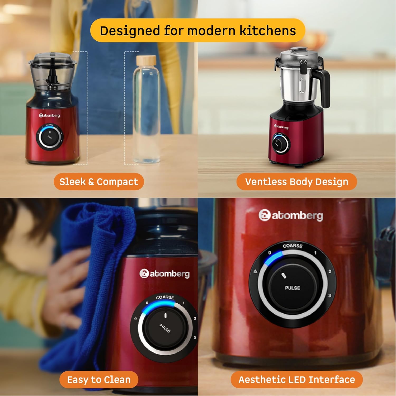 Atomberg Zenova Mixer Grinder for Kitchen with Intelligent BLDC Motor | Unique Coarse Mode for Silbatta-like Texture | 4 Jars incl. Chopper | Hands-Free Operation | Safety Features | Red Wine - View 2