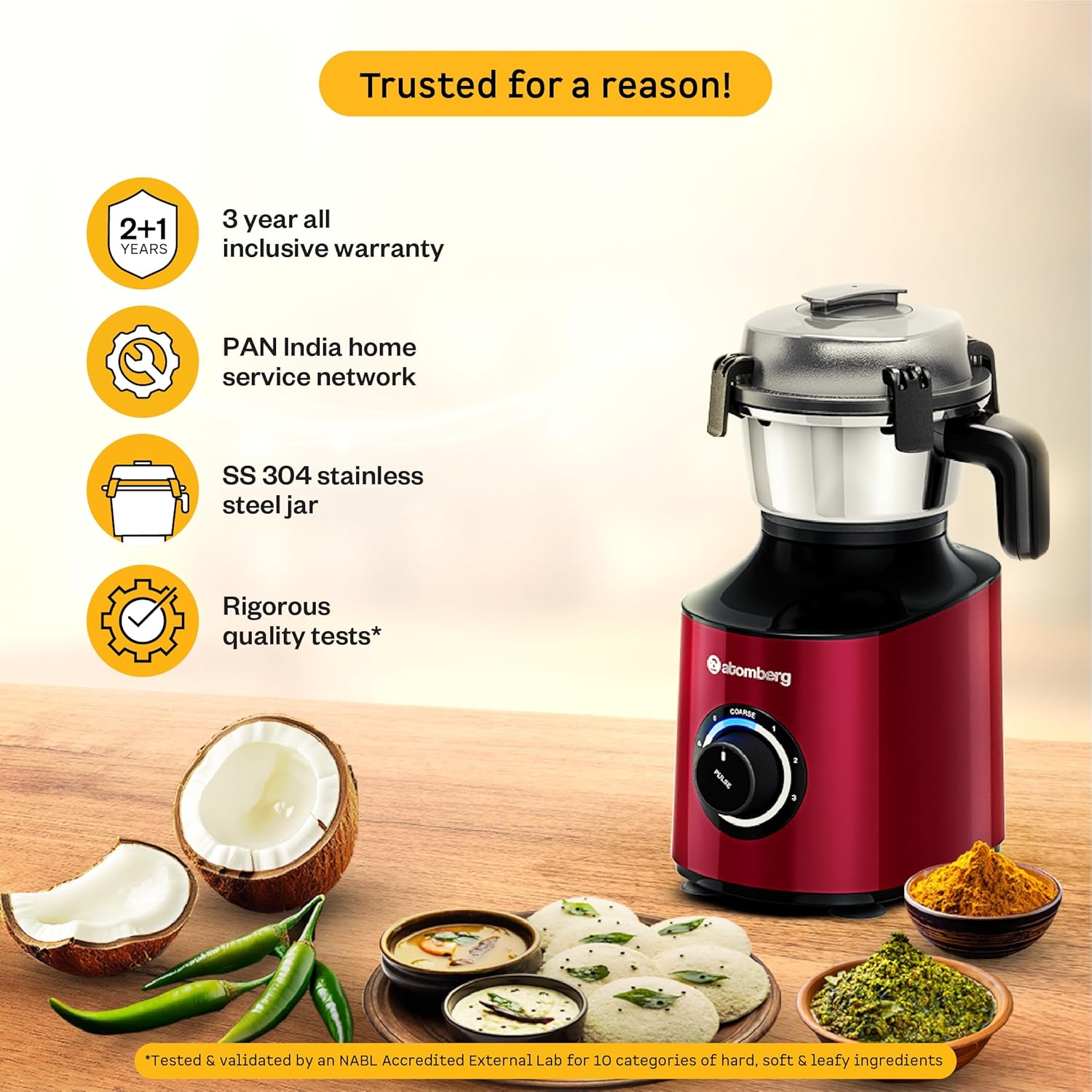 Atomberg Zenova Mixer Grinder for Kitchen with Intelligent BLDC Motor | Unique Coarse Mode for Silbatta-like Texture | 4 Jars incl. Chopper | Hands-Free Operation | Safety Features | Red Wine - View 3