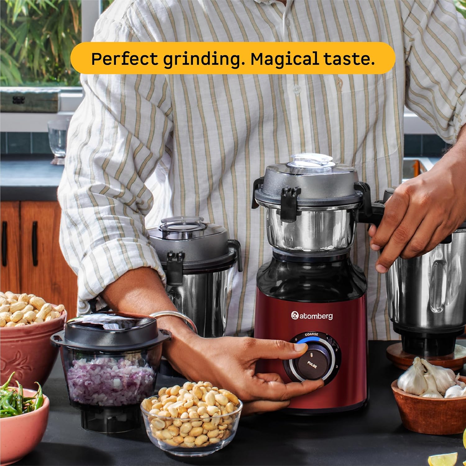 Atomberg Zenova Mixer Grinder for Kitchen with Intelligent BLDC Motor | Unique Coarse Mode for Silbatta-like Texture | 4 Jars incl. Chopper | Hands-Free Operation | Safety Features | Red Wine - View 6