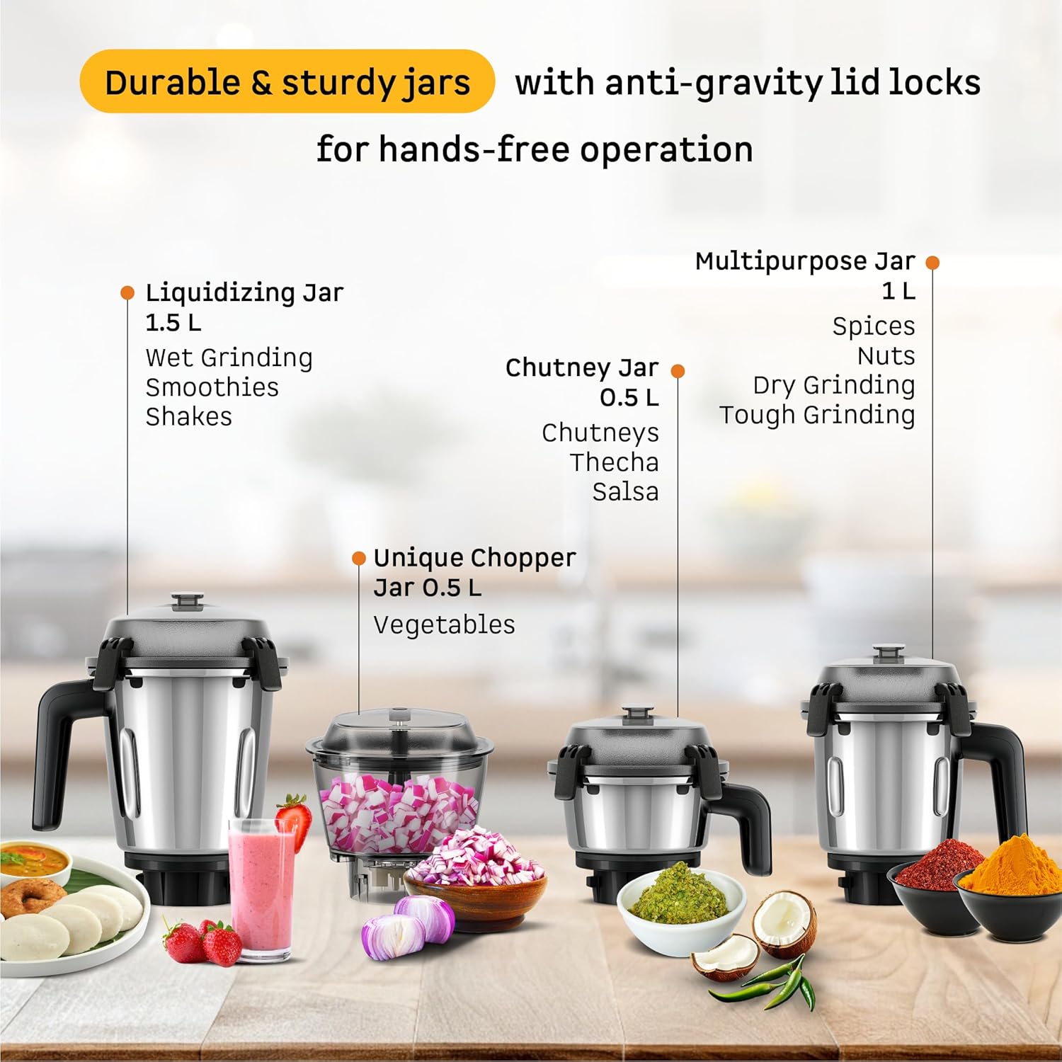 Atomberg Zenova Mixer Grinder for Kitchen with Intelligent BLDC Motor | Unique Coarse Mode for Silbatta-like Texture | 4 Jars incl. Chopper | Hands-Free Operation | Safety Features | Red Wine - View 8
