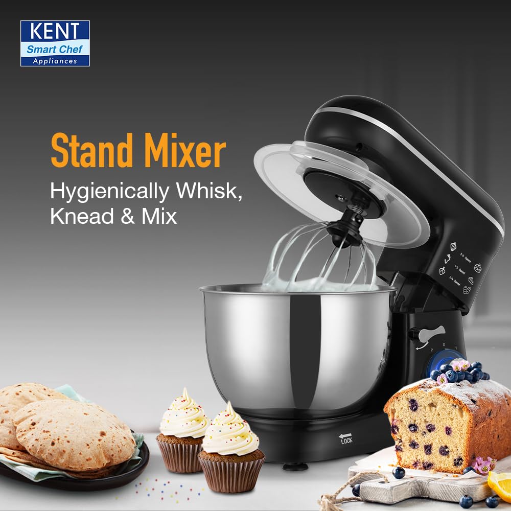 KENT Stand Mixer 1300 W | Ideal To Whisk, Mix &amp; Knead | 5L Stainless Steel Bowl | 6 Speed Setting &amp; Pulse Function | 100% Copper Motor | Included Component Whisker, Dough Hook &amp; Beater | Silver&amp;Black - View 2