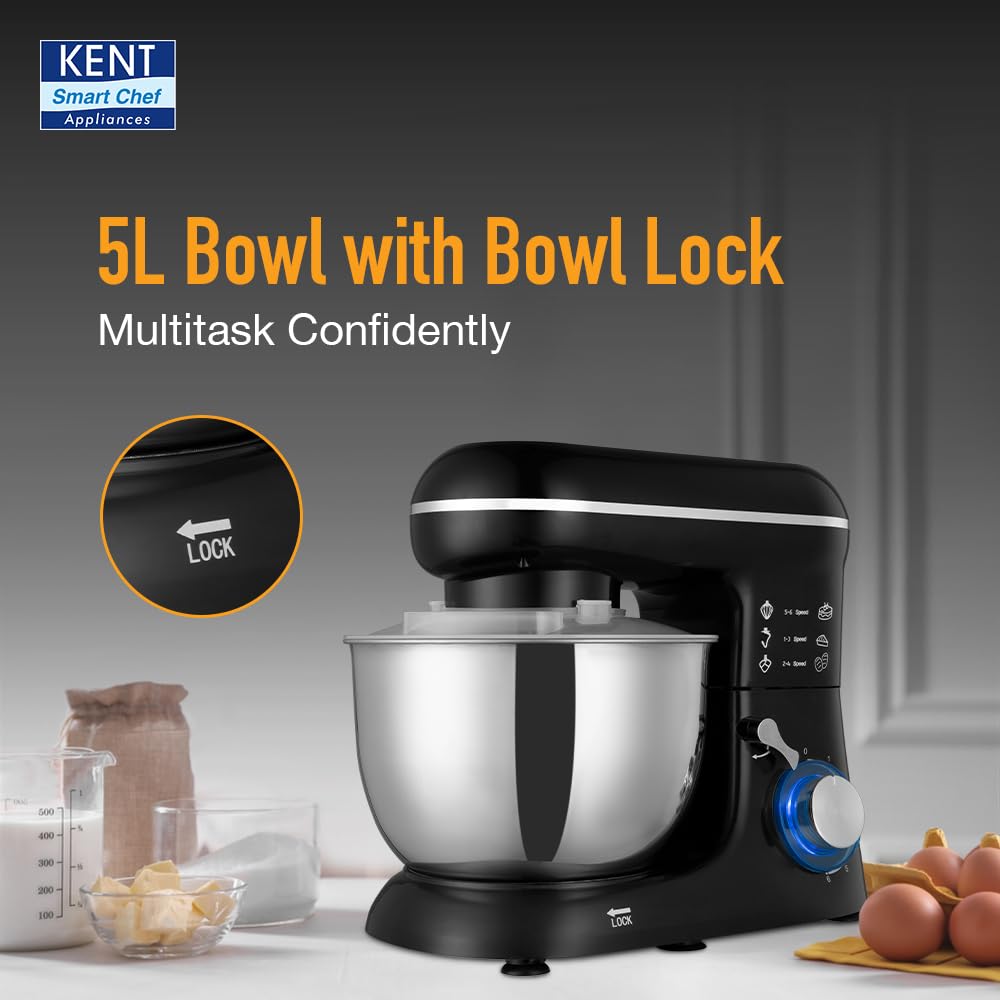 KENT Stand Mixer 1300 W | Ideal To Whisk, Mix &amp; Knead | 5L Stainless Steel Bowl | 6 Speed Setting &amp; Pulse Function | 100% Copper Motor | Included Component Whisker, Dough Hook &amp; Beater | Silver&amp;Black - View 3