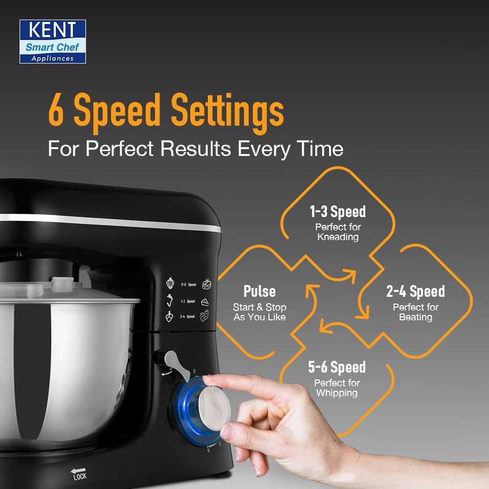 KENT Stand Mixer 1300 W | Ideal To Whisk, Mix &amp; Knead | 5L Stainless Steel Bowl | 6 Speed Setting &amp; Pulse Function | 100% Copper Motor | Included Component Whisker, Dough Hook &amp; Beater | Silver&amp;Black - View 4