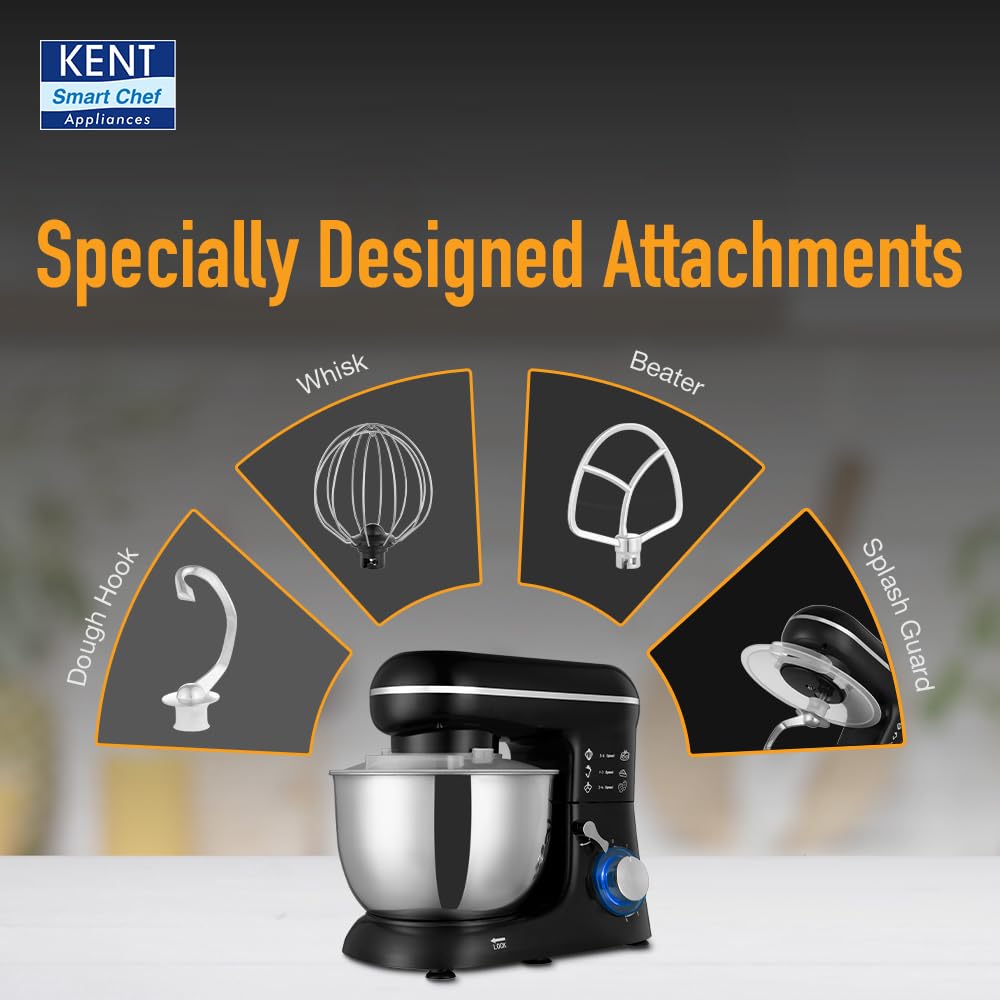 KENT Stand Mixer 1300 W | Ideal To Whisk, Mix &amp; Knead | 5L Stainless Steel Bowl | 6 Speed Setting &amp; Pulse Function | 100% Copper Motor | Included Component Whisker, Dough Hook &amp; Beater | Silver&amp;Black - View 6