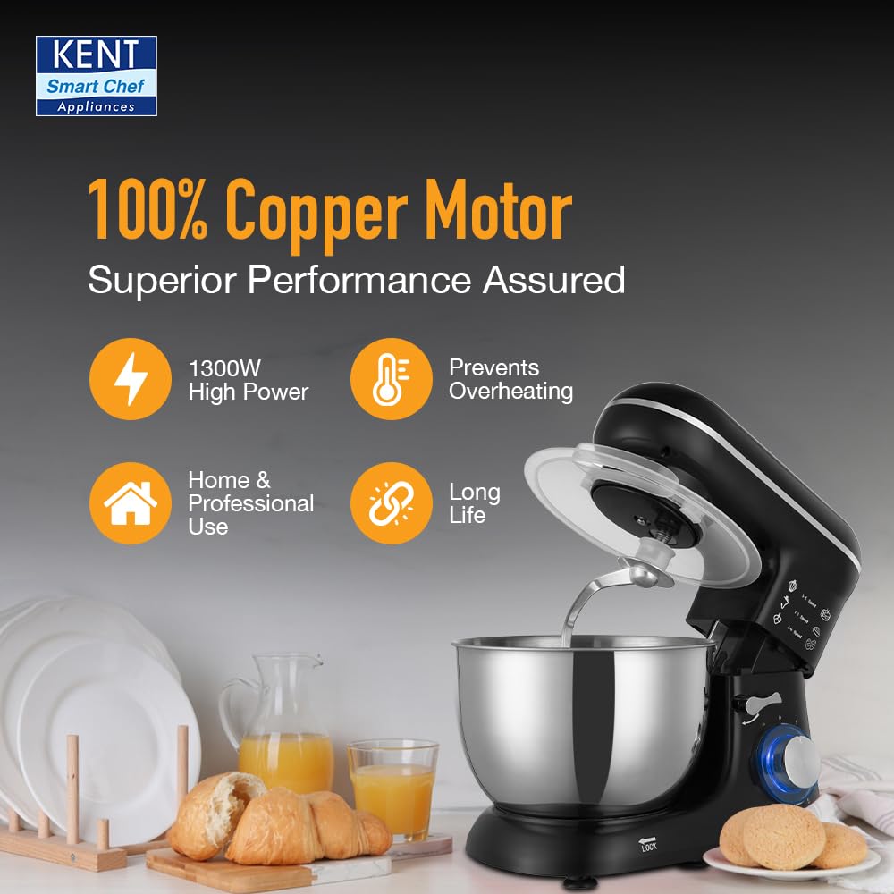 KENT Stand Mixer 1300 W | Ideal To Whisk, Mix &amp; Knead | 5L Stainless Steel Bowl | 6 Speed Setting &amp; Pulse Function | 100% Copper Motor | Included Component Whisker, Dough Hook &amp; Beater | Silver&amp;Black - View 7