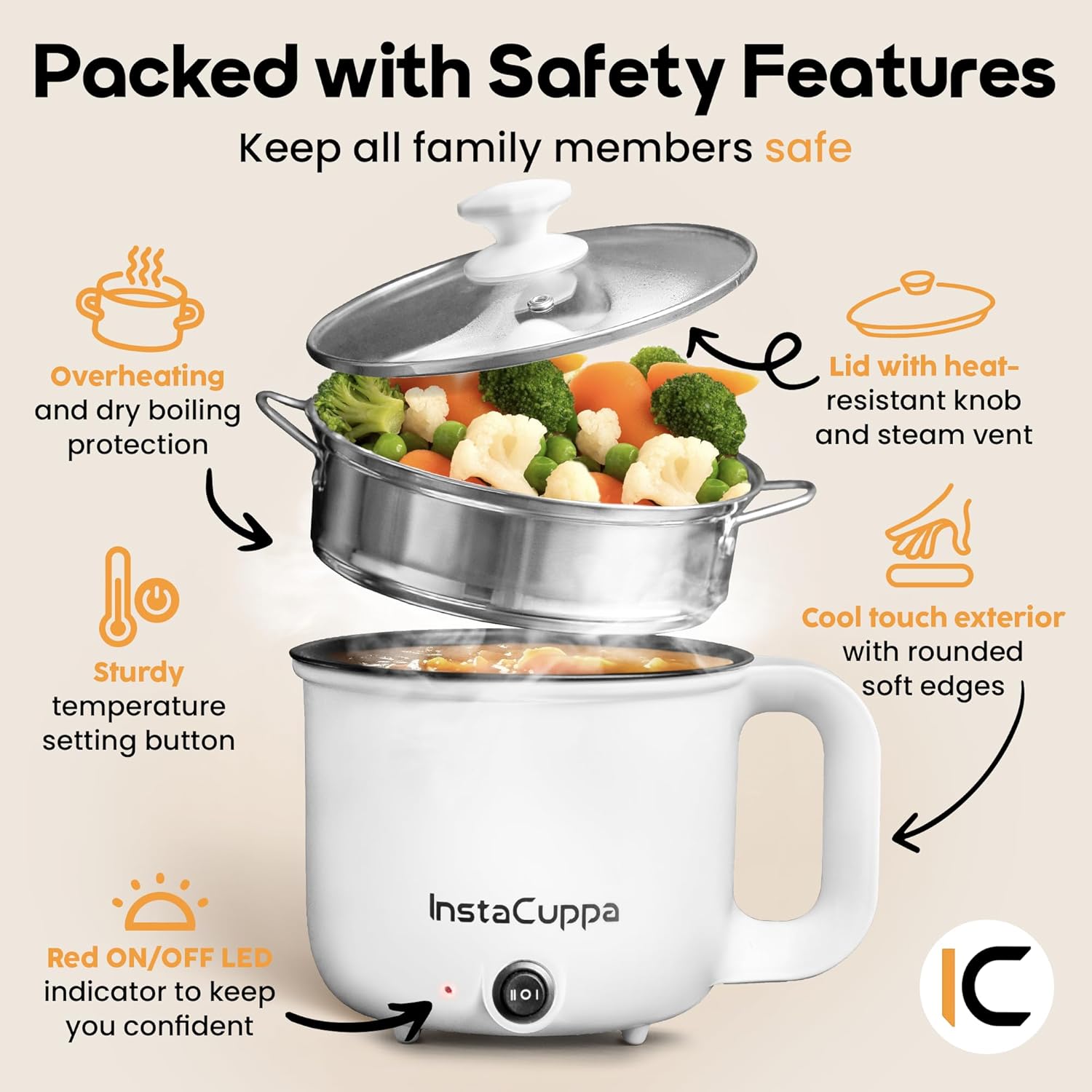 InstaCuppa 3-in-1 Multi Cook Kettle with Steamer, 1.2 L Inner Pot, Adjustable Temperature Settings, Wide Mouth, Ideal for Boiling Milk, Tea, Coffee, Eggs &amp; Steaming Veggies, 600 Watts, Elegant White - View 2