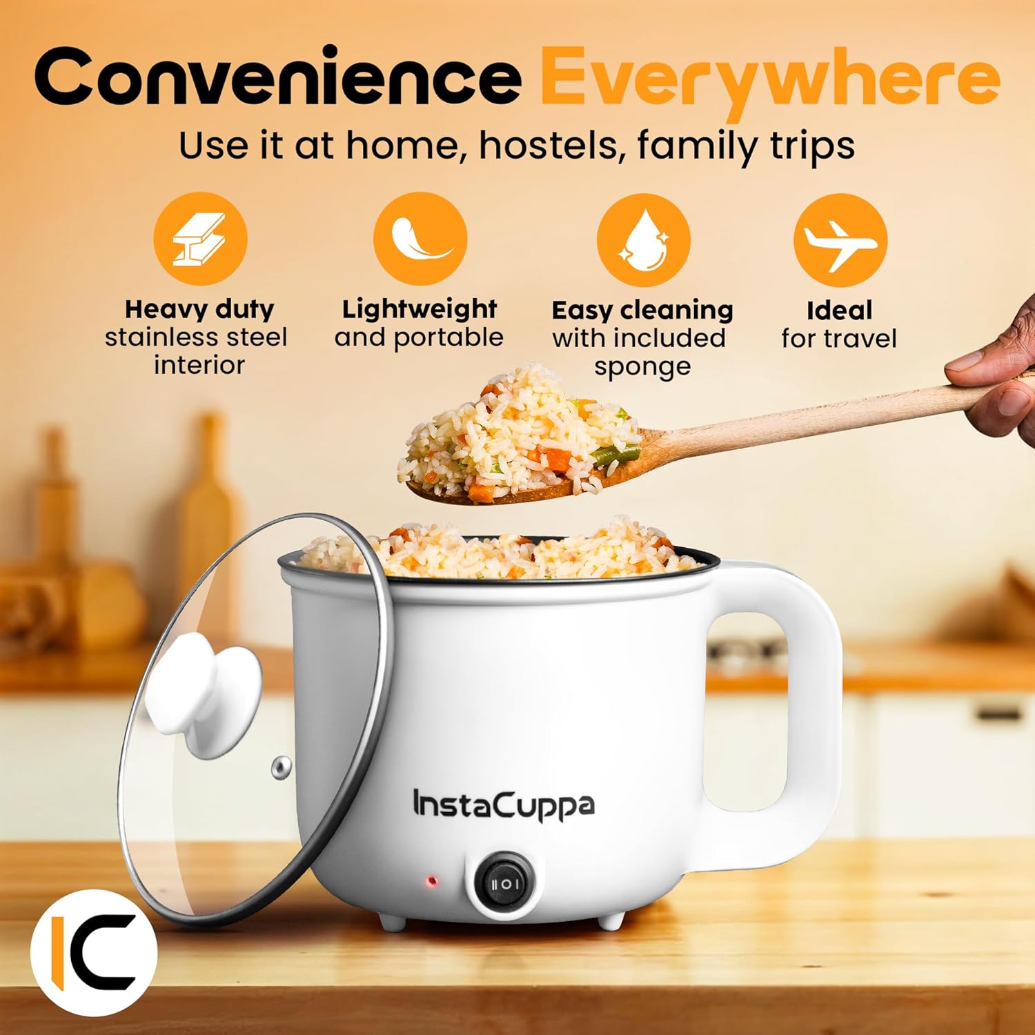 InstaCuppa 3-in-1 Multi Cook Kettle with Steamer, 1.2 L Inner Pot, Adjustable Temperature Settings, Wide Mouth, Ideal for Boiling Milk, Tea, Coffee, Eggs &amp; Steaming Veggies, 600 Watts, Elegant White - View 3