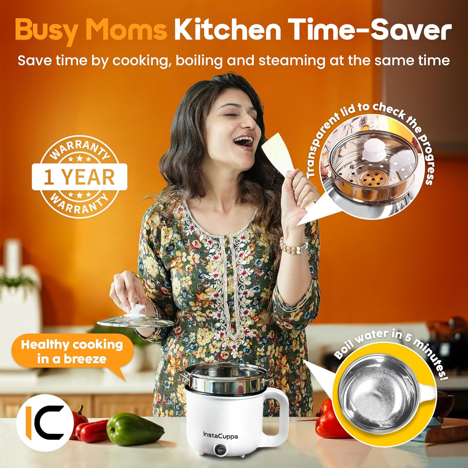 InstaCuppa 3-in-1 Multi Cook Kettle with Steamer, 1.2 L Inner Pot, Adjustable Temperature Settings, Wide Mouth, Ideal for Boiling Milk, Tea, Coffee, Eggs &amp; Steaming Veggies, 600 Watts, Elegant White - View 4