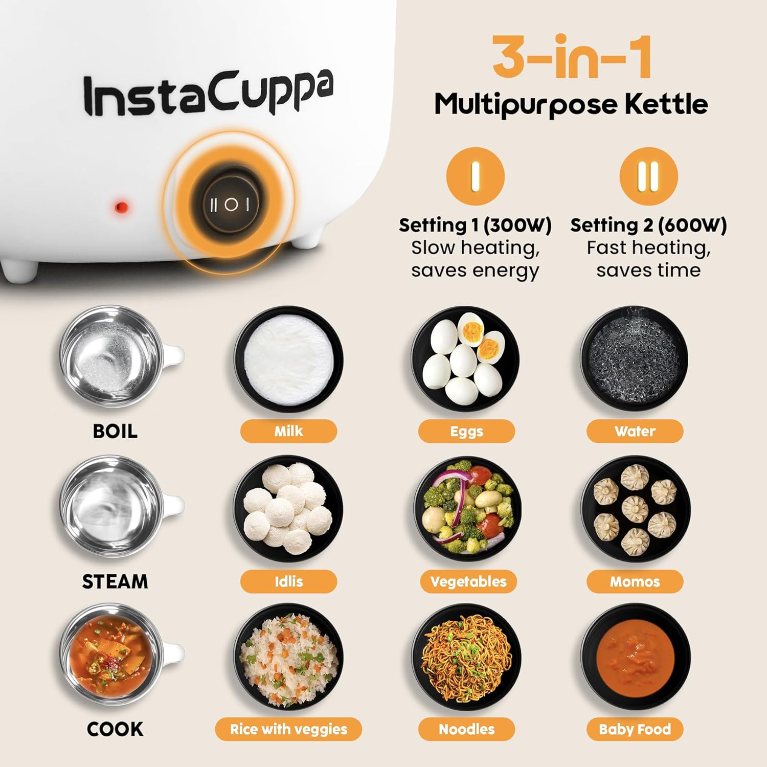 InstaCuppa 3-in-1 Multi Cook Kettle with Steamer, 1.2 L Inner Pot, Adjustable Temperature Settings, Wide Mouth, Ideal for Boiling Milk, Tea, Coffee, Eggs &amp; Steaming Veggies, 600 Watts, Elegant White - View 5