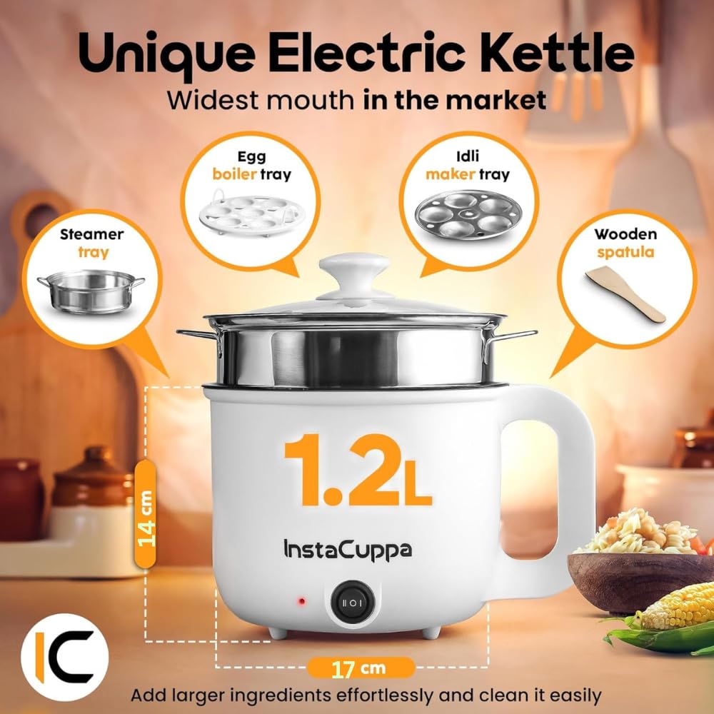 InstaCuppa 3-in-1 Multi Cook Kettle with Steamer, 1.2 L Inner Pot, Adjustable Temperature Settings, Wide Mouth, Ideal for Boiling Milk, Tea, Coffee, Eggs &amp; Steaming Veggies, 600 Watts, Elegant White - View 6