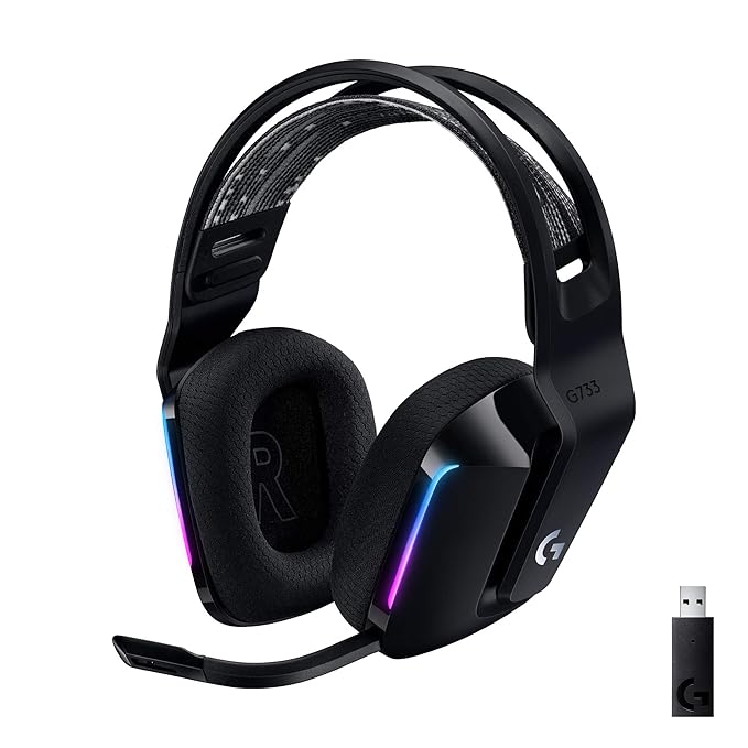 Logitech G 733 Lightspeed Over Ear Wireless Gaming Headset with Suspension Headband, LIGHTSYNC RGB, Blue VO!CE Mic Technology and PRO-G Audio Drivers