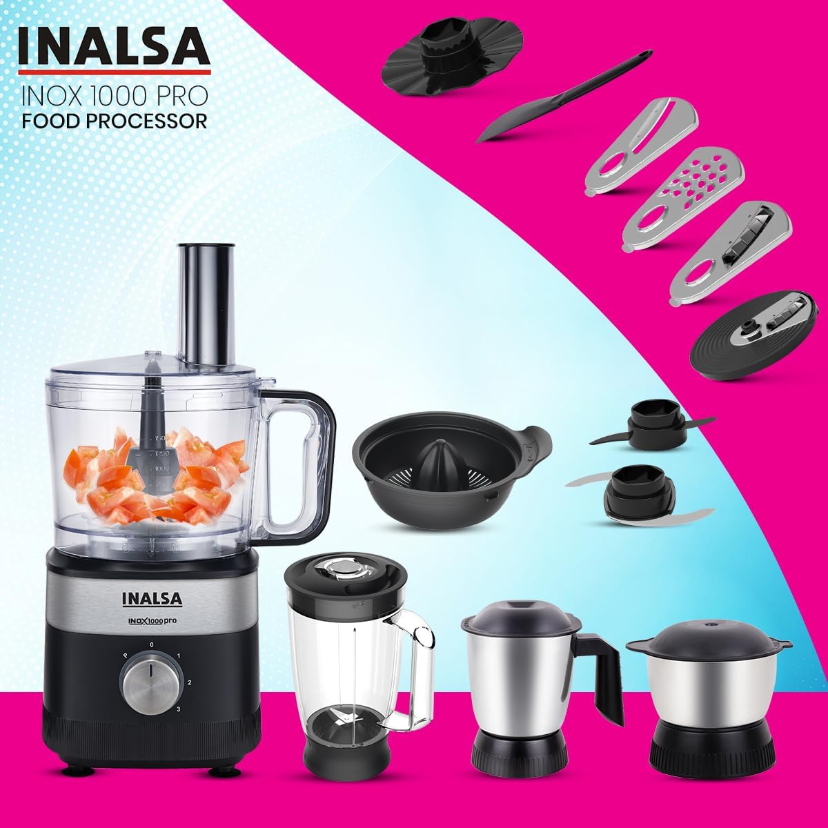 INALSA Food Processor For Kitchen With Mixer Grinder Juicer|1000 W Copper Motor|2.5L Processing Jar|Chopping,Kneading Blade|Citrus Juicer|Shredding,Slicing,Whisker&French Fries Cutter (Inox 1000 Pro) - View 2