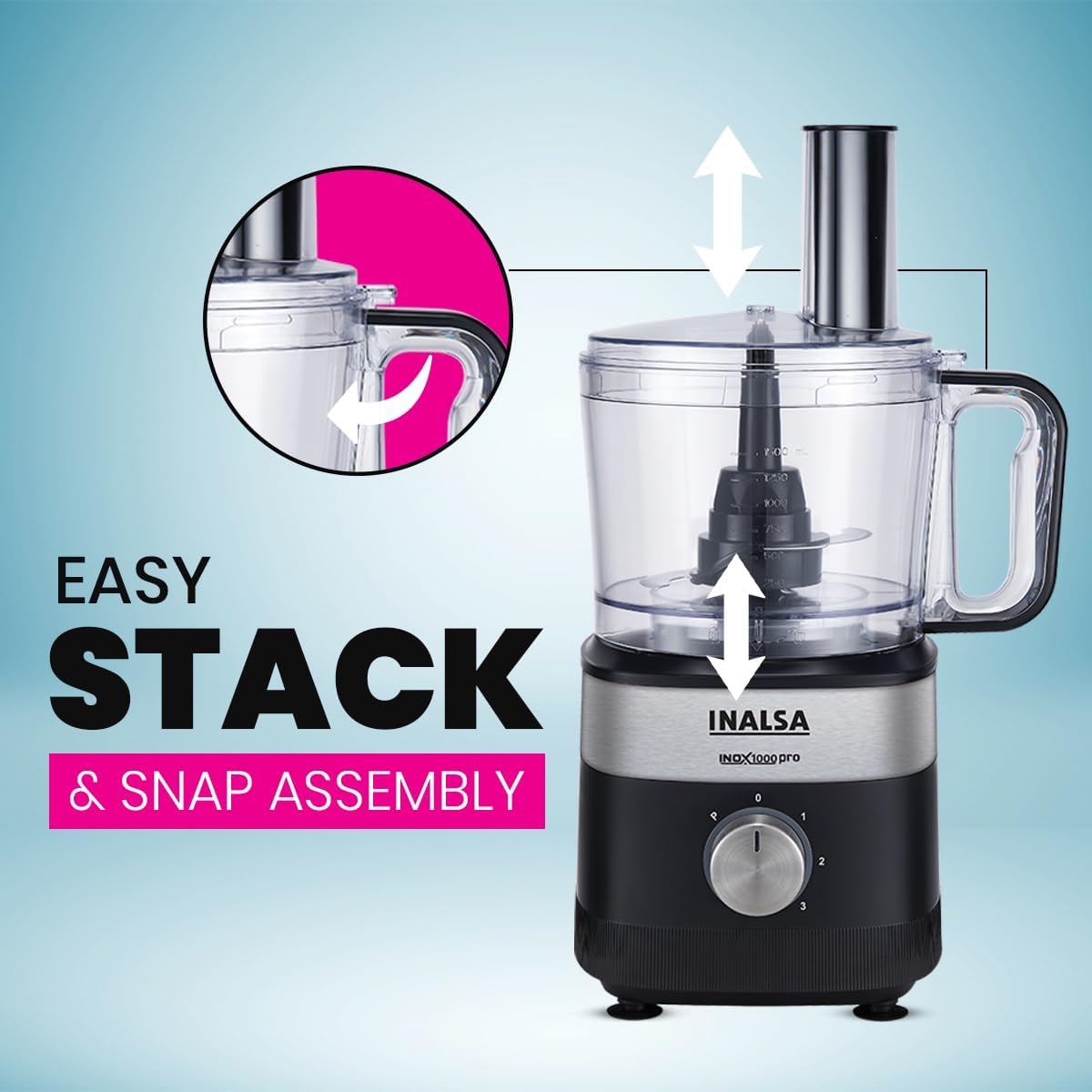 INALSA Food Processor For Kitchen With Mixer Grinder Juicer|1000 W Copper Motor|2.5L Processing Jar|Chopping,Kneading Blade|Citrus Juicer|Shredding,Slicing,Whisker&French Fries Cutter (Inox 1000 Pro) - View 3