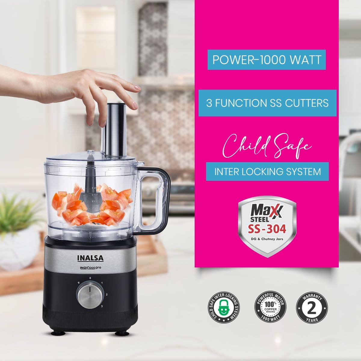 INALSA Food Processor For Kitchen With Mixer Grinder Juicer|1000 W Copper Motor|2.5L Processing Jar|Chopping,Kneading Blade|Citrus Juicer|Shredding,Slicing,Whisker&French Fries Cutter (Inox 1000 Pro) - View 4