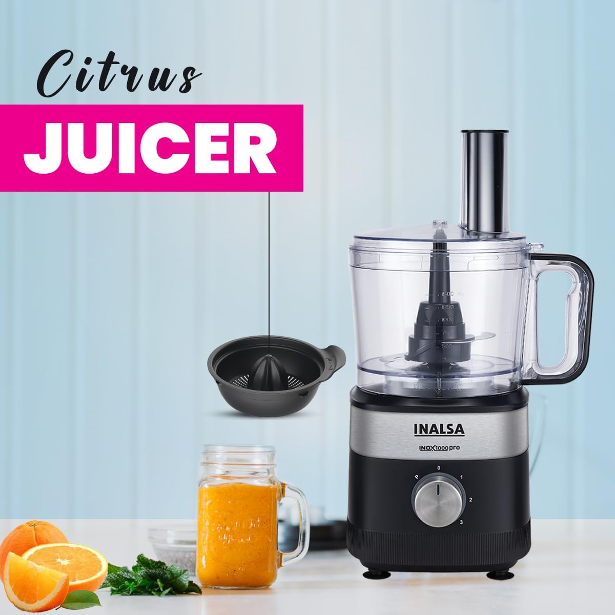INALSA Food Processor For Kitchen With Mixer Grinder Juicer|1000 W Copper Motor|2.5L Processing Jar|Chopping,Kneading Blade|Citrus Juicer|Shredding,Slicing,Whisker&French Fries Cutter (Inox 1000 Pro) - View 9