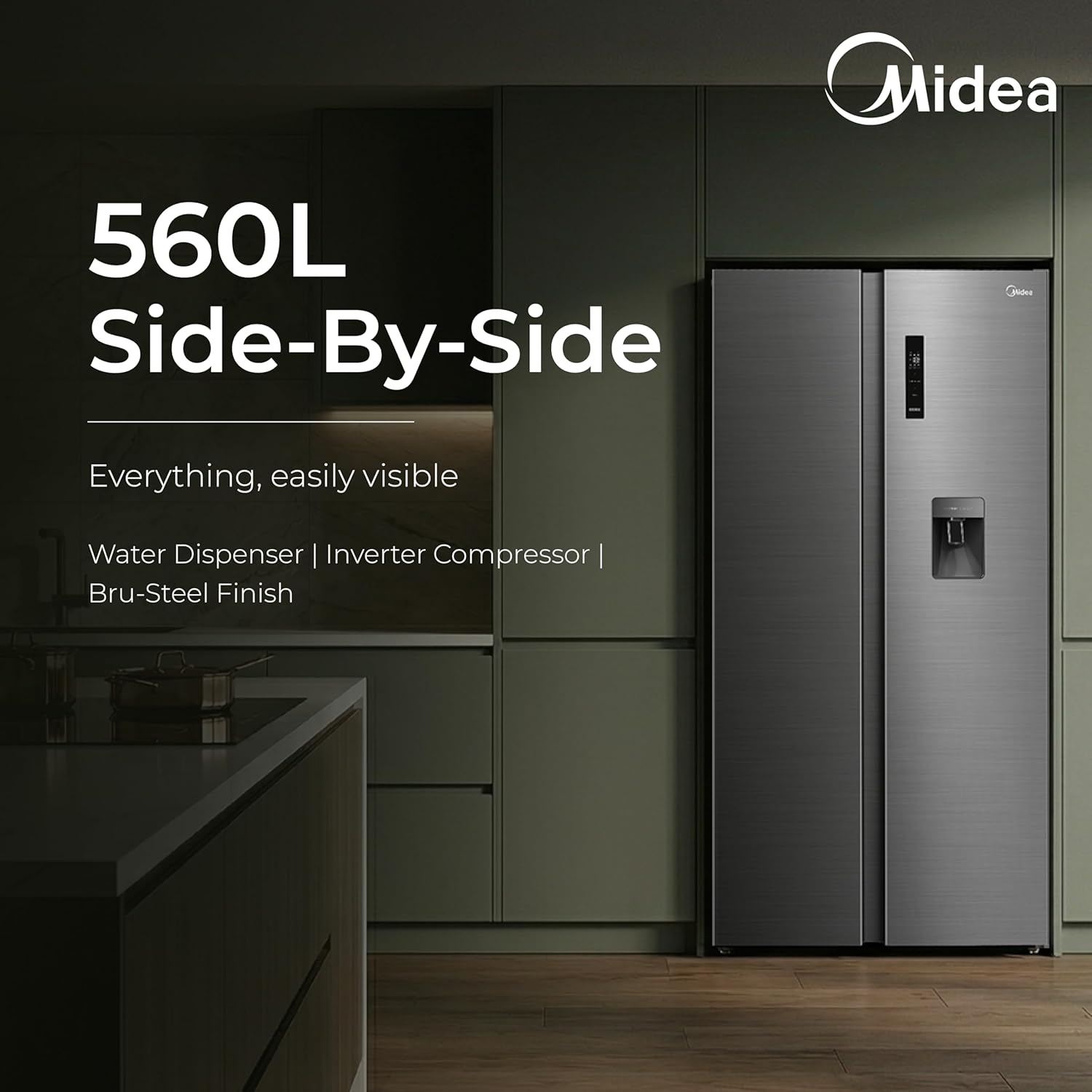 Midea 560 L Side by Side Refrigerator, Inverter Compressor, Multi Air Flow Cooling, Water Dispenser (MDRS704FGF46 Frost Free, Energy Efficient, Large Capacity, Bru-Steel Finish) - View 5