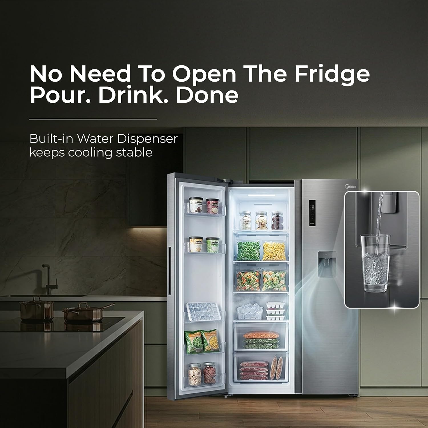 Midea 560 L Side by Side Refrigerator, Inverter Compressor, Multi Air Flow Cooling, Water Dispenser (MDRS704FGF46 Frost Free, Energy Efficient, Large Capacity, Bru-Steel Finish) - View 7