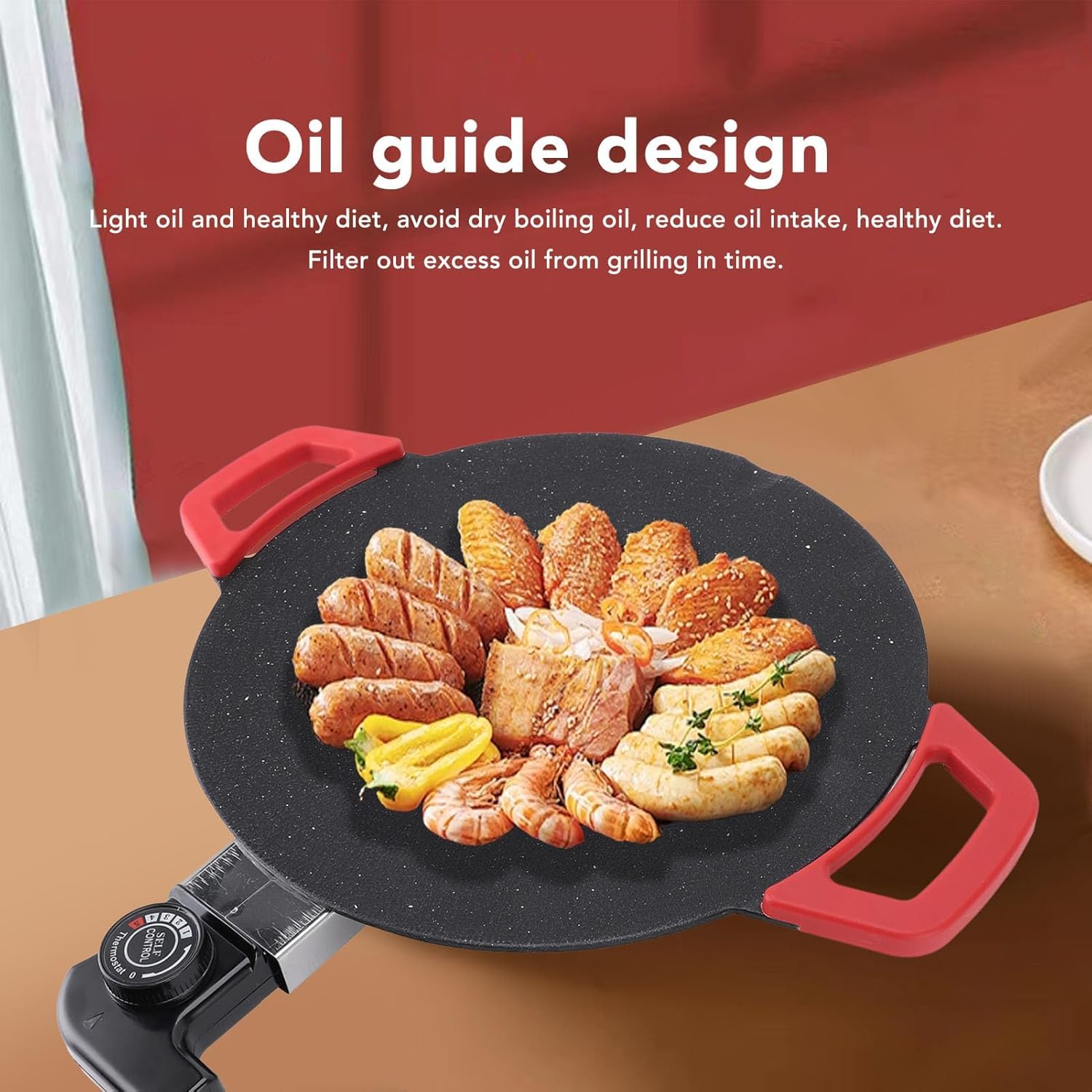 Electric Non Stick Frying Pan | Smokeless BBQ Grill Tandoori Pan For Cooking Indoor Outdoor,800 Watts | Tray with Adjustable Temperature Control | Multipurpose Chicken Fry Pan Tawa - View 8
