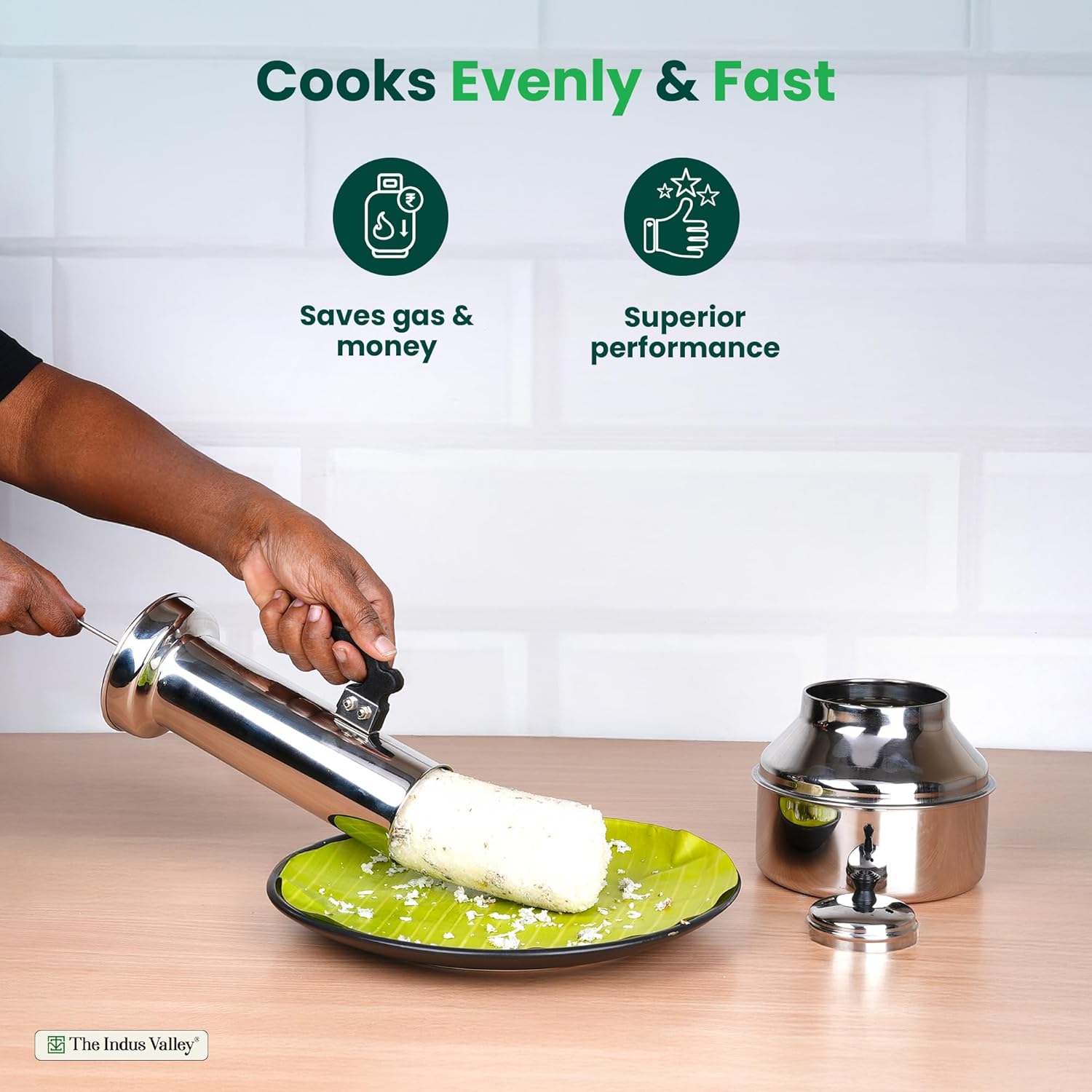 The Indus Valley Stainless Steel Puttu Maker with Bakelite Handle |33.5cm, 0.40kg Gas & Induction Friendly |100% Toxin-Free, Naturally Non-Stick, Long Lasting - View 4