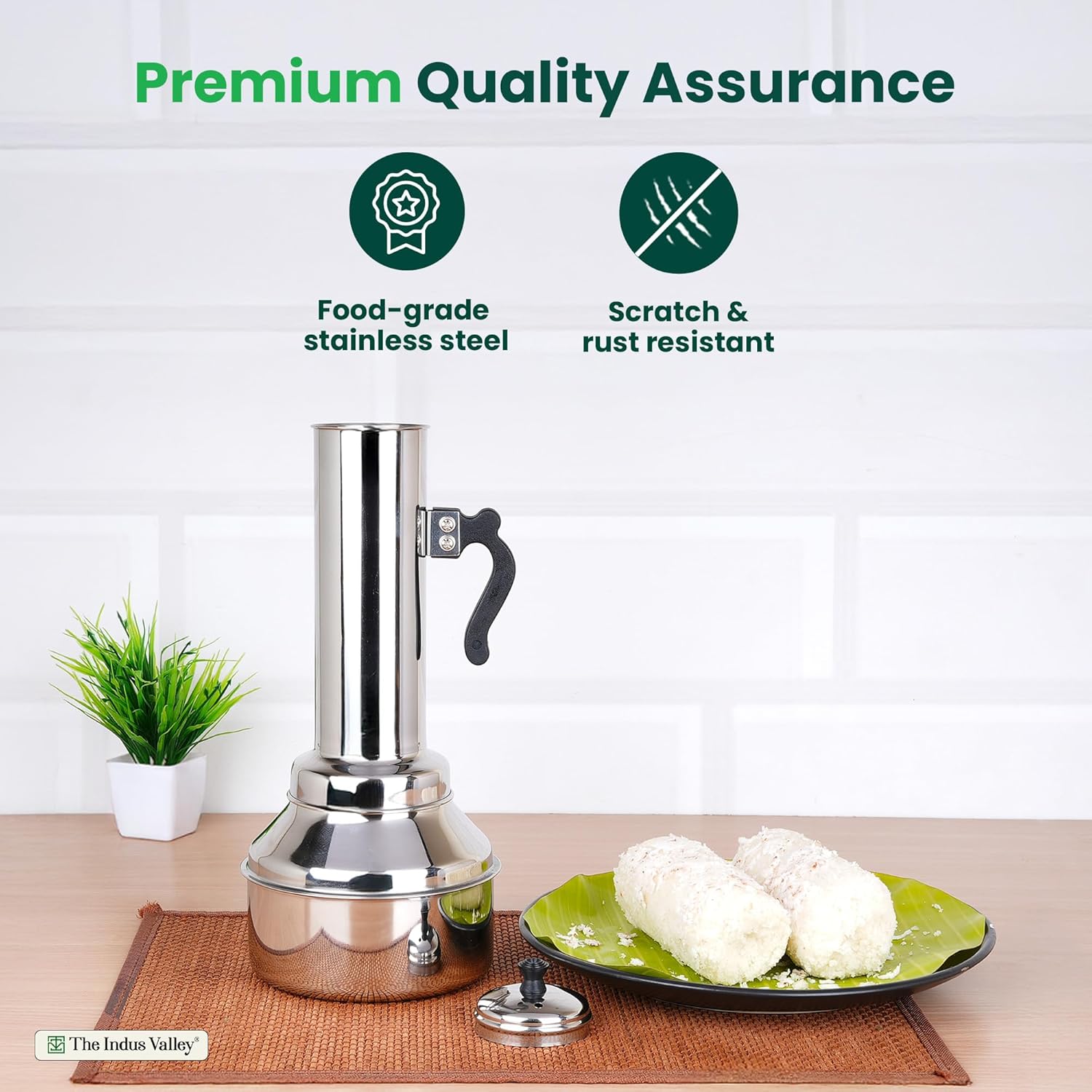 The Indus Valley Stainless Steel Puttu Maker with Bakelite Handle |33.5cm, 0.40kg Gas & Induction Friendly |100% Toxin-Free, Naturally Non-Stick, Long Lasting - View 7