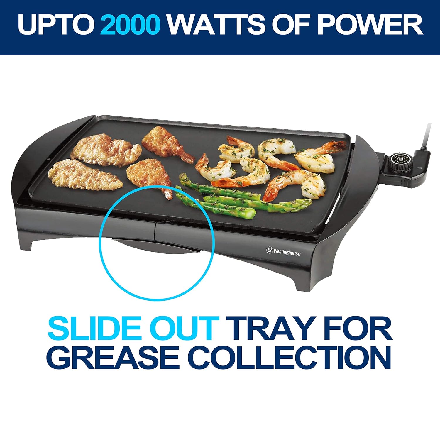 Westinghouse 2000W Family Size Non-Stick Electric Griddle | Adjustable Temperature Control, Slide-Out Grease Tray, Cool Touch Handles, Dishwasher Safe | Ideal for Large Meals and Entertaining
